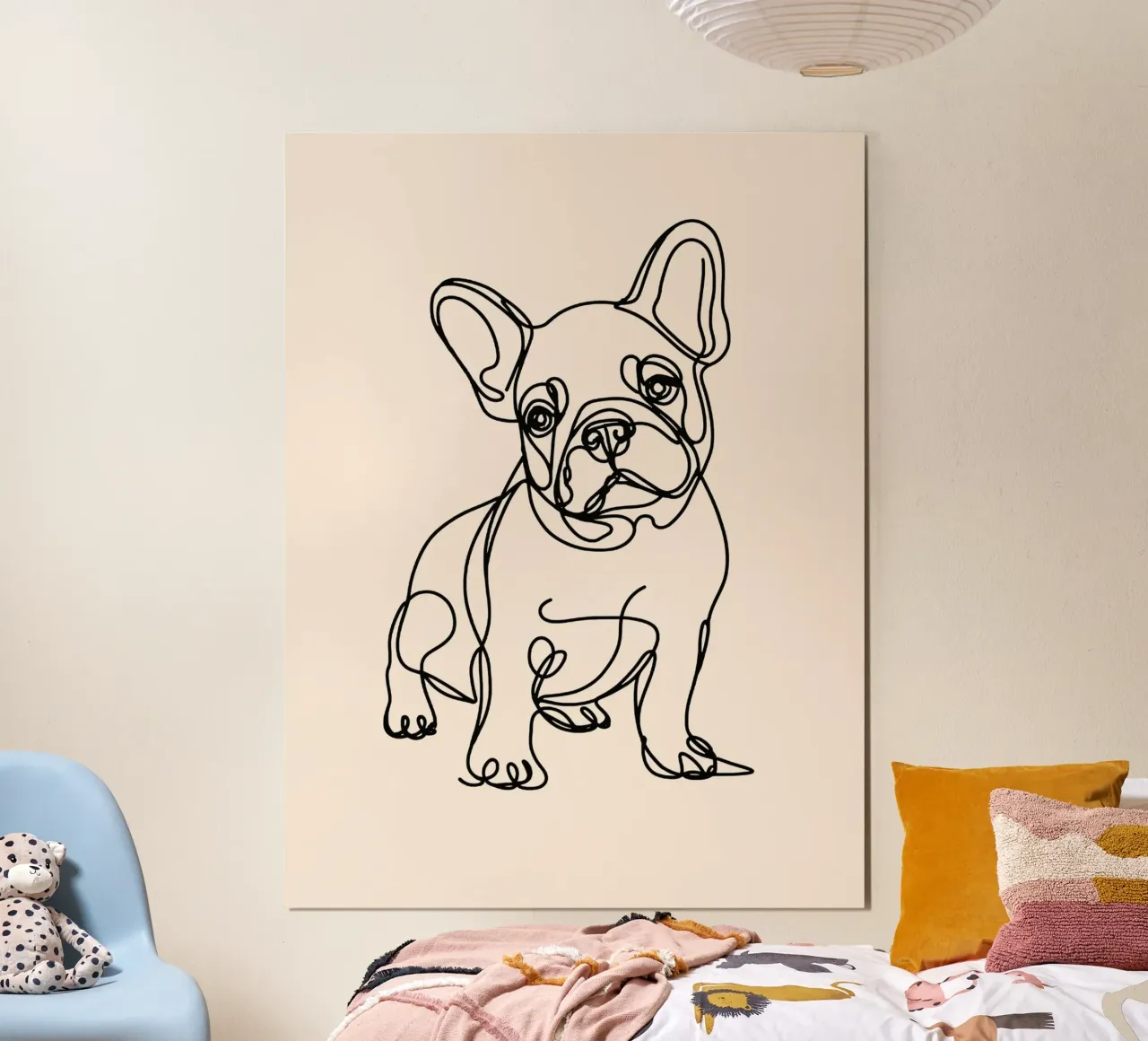 Dessin au trait d'un chien bouledogue français - Beige poster avec cadre en bois de WijdevenDesign