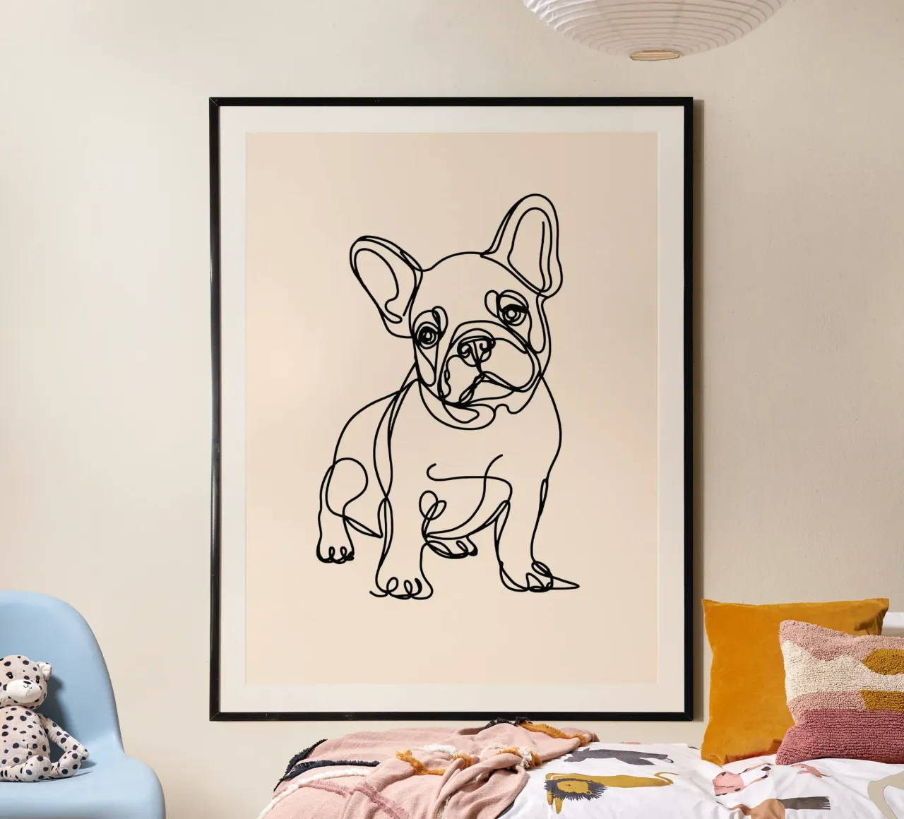 Dessin au trait d'un chien bouledogue français - Beige poster avec cadre en bois de WijdevenDesign