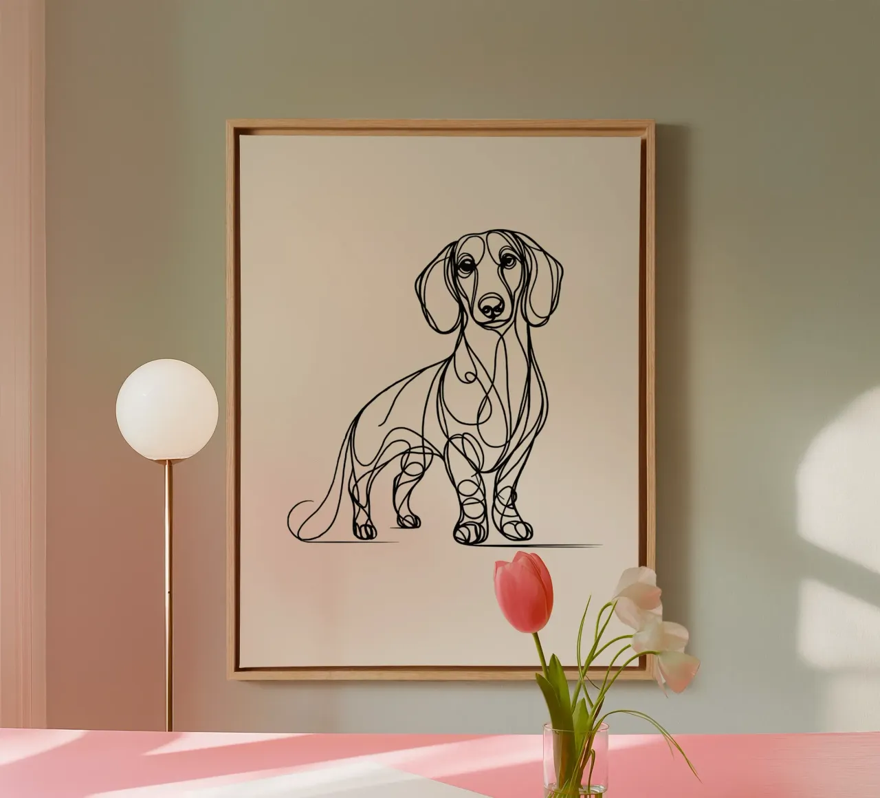 Disegno artistico del cane bassotto - Beige tela con Cornice a cassetta da WijdevenDesign