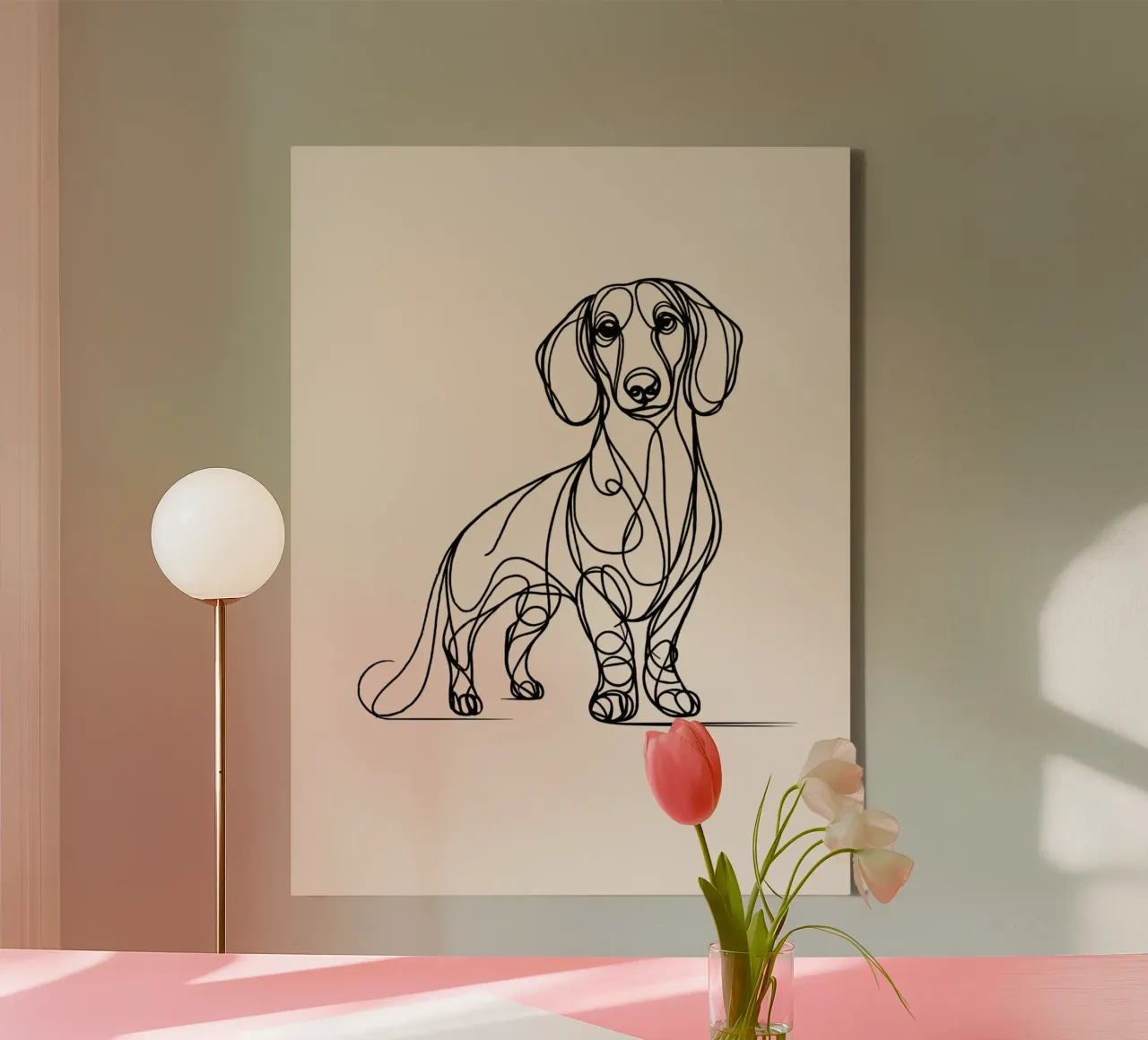 Disegno artistico del cane bassotto - Beige tela con Cornice a cassetta da WijdevenDesign