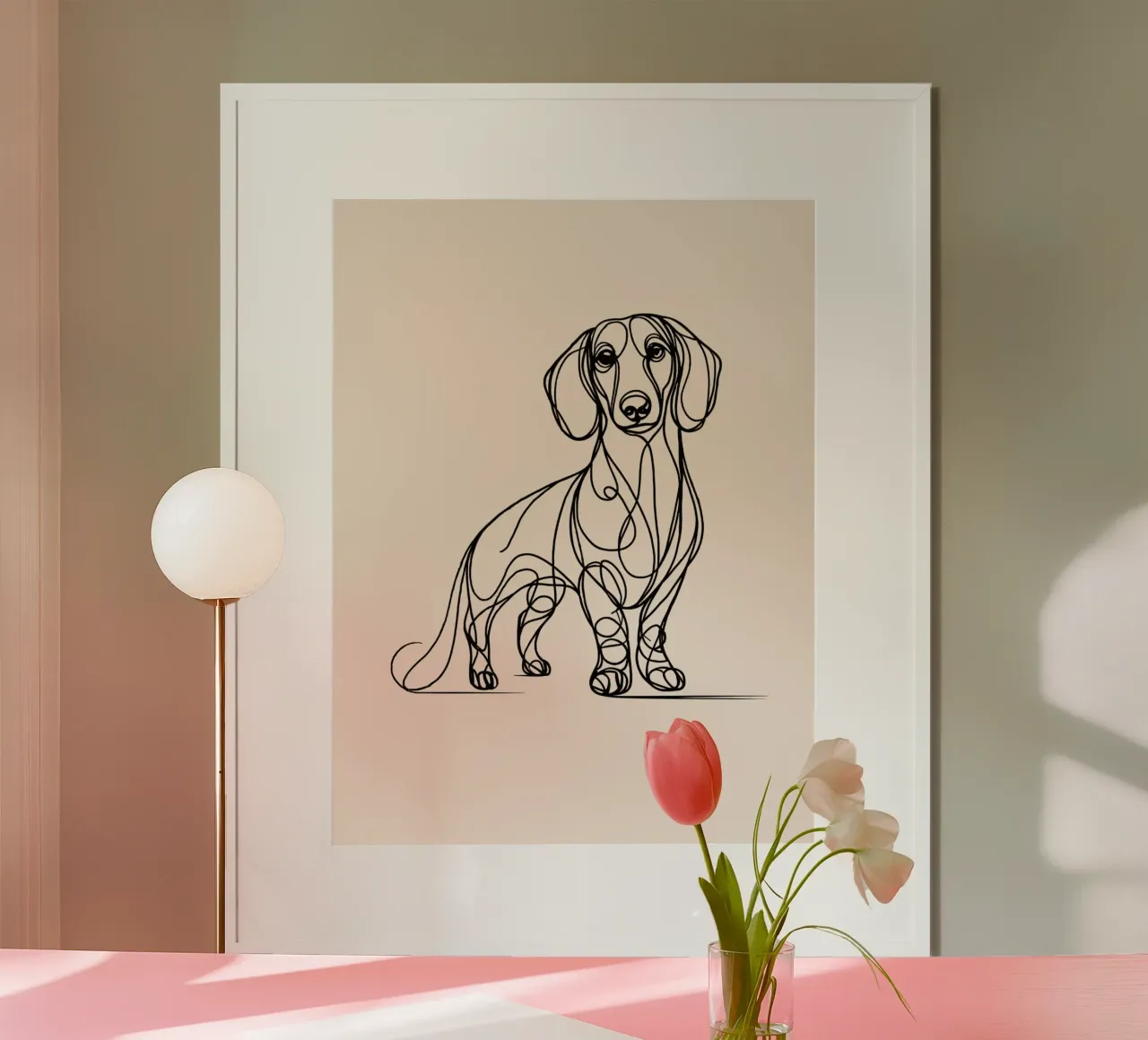 Disegno artistico del cane bassotto - Beige poster con telaio in alluminio da WijdevenDesign