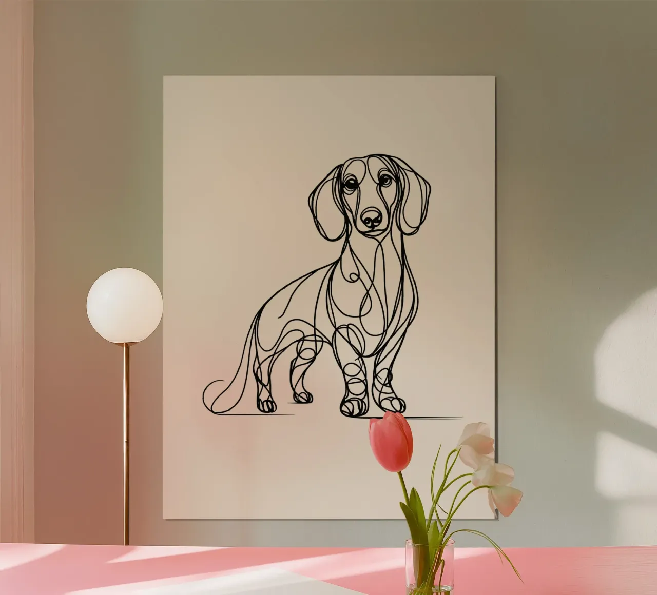 Disegno artistico del cane bassotto - Beige poster con telaio in alluminio da WijdevenDesign
