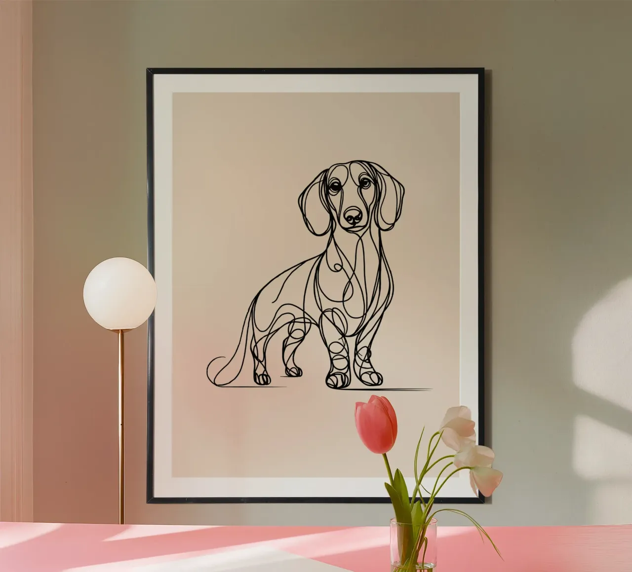 Disegno artistico del cane bassotto - Beige poster con telaio in alluminio da WijdevenDesign