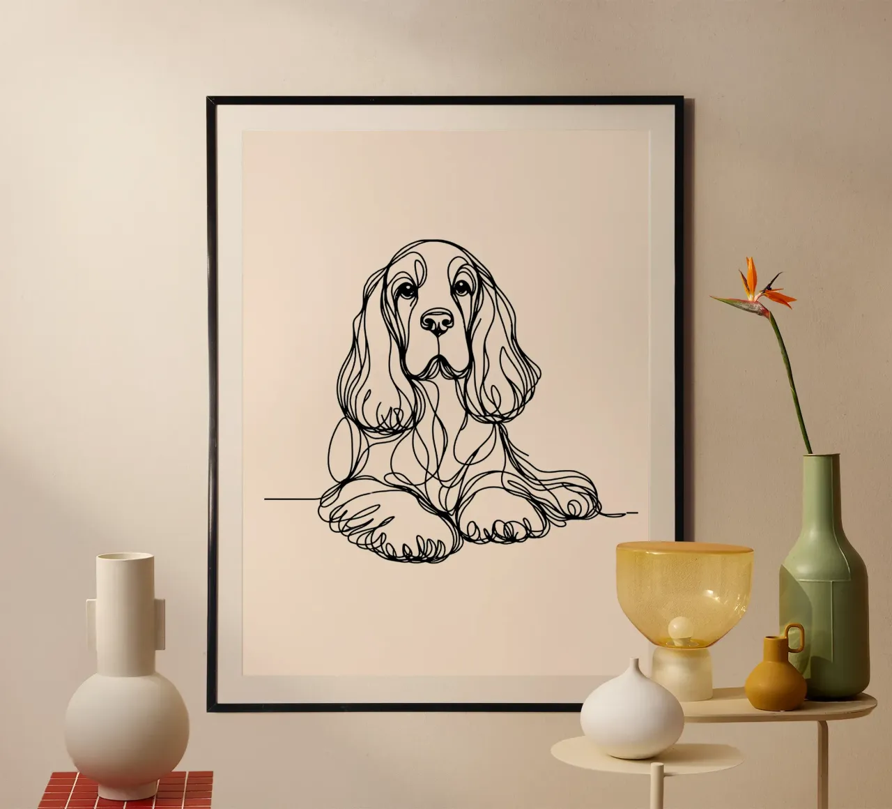 Cocker Spaniel Dog Line Art Drawing – Beige Poster von WijdevenDesign