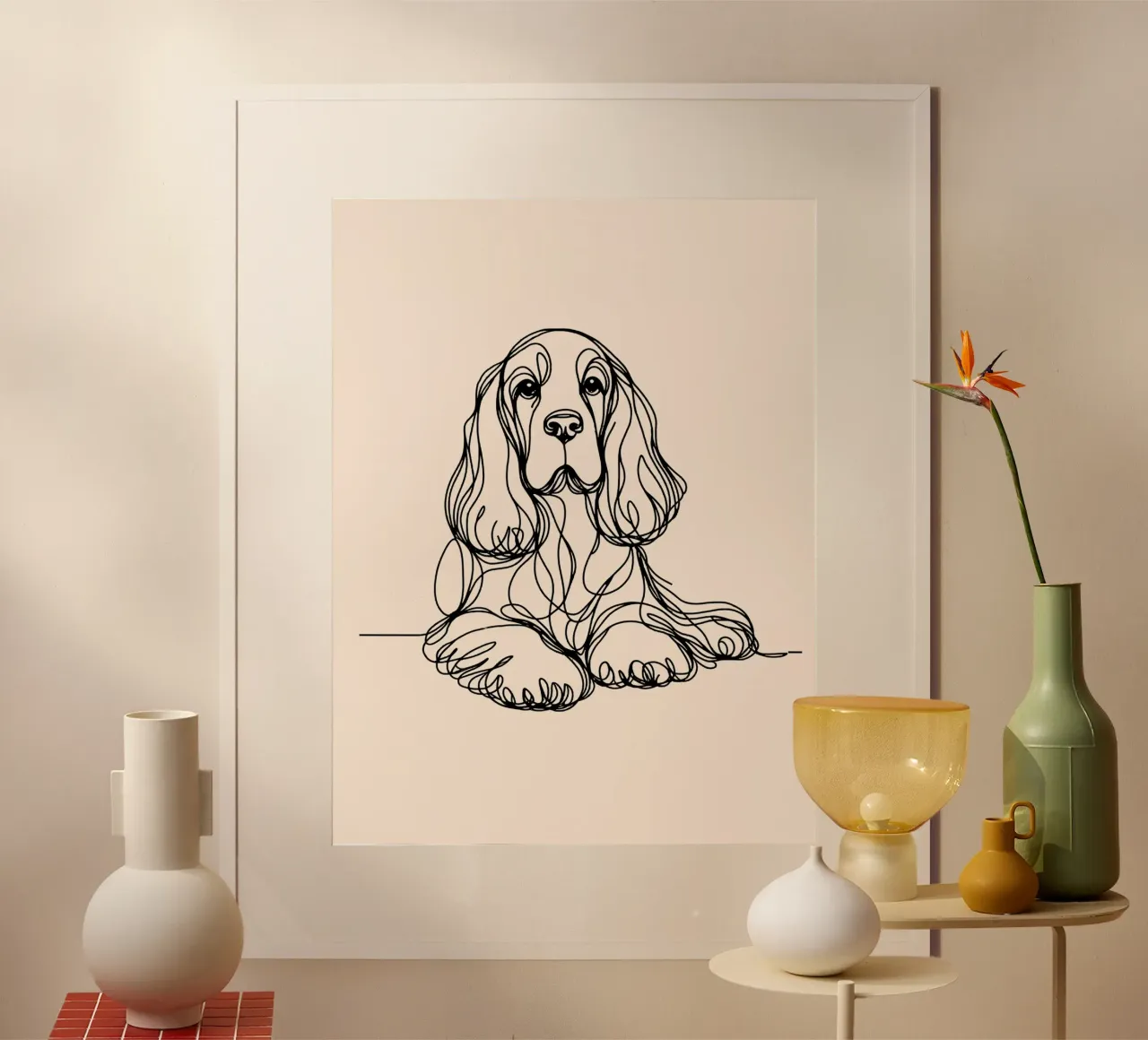 Cocker Spaniel Dog Line Art Drawing – Beige Poster von WijdevenDesign