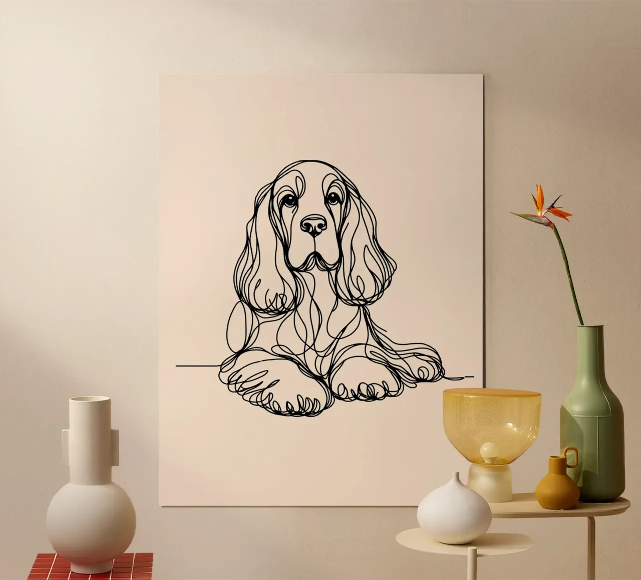 Cocker Spaniel Dog Line Art Drawing – Beige Poster von WijdevenDesign