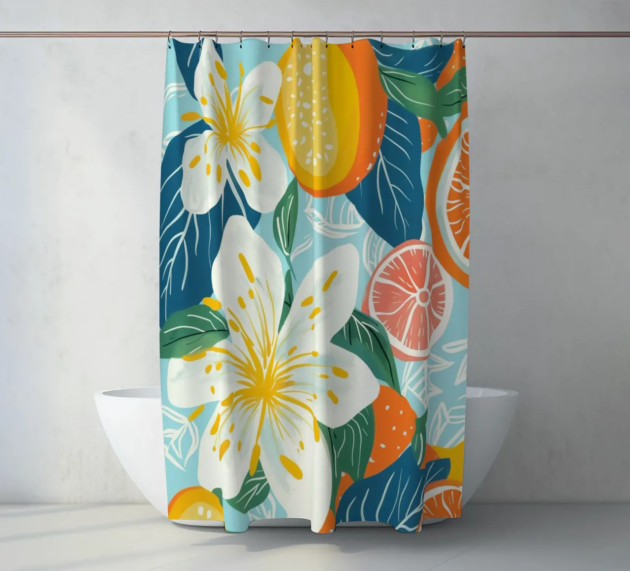 Uno spettacolo pirotecnico di frutta e fiori tropicali tenda da doccia da Autofocus