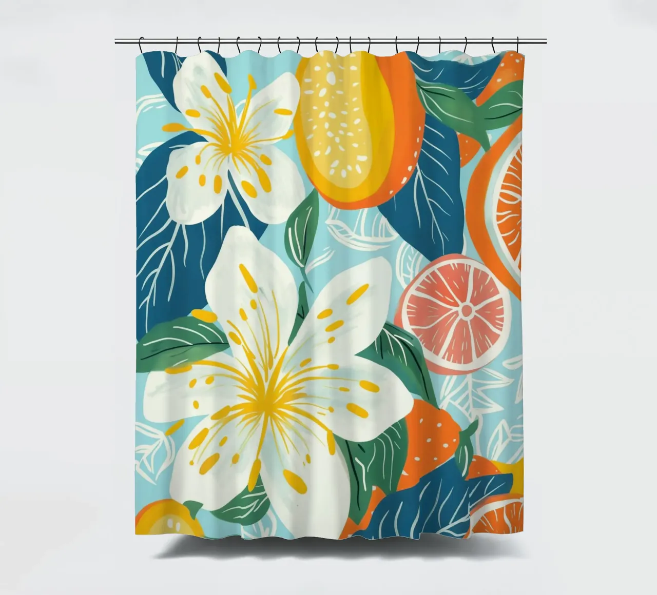 Uno spettacolo pirotecnico di frutta e fiori tropicali tenda da doccia da Autofocus