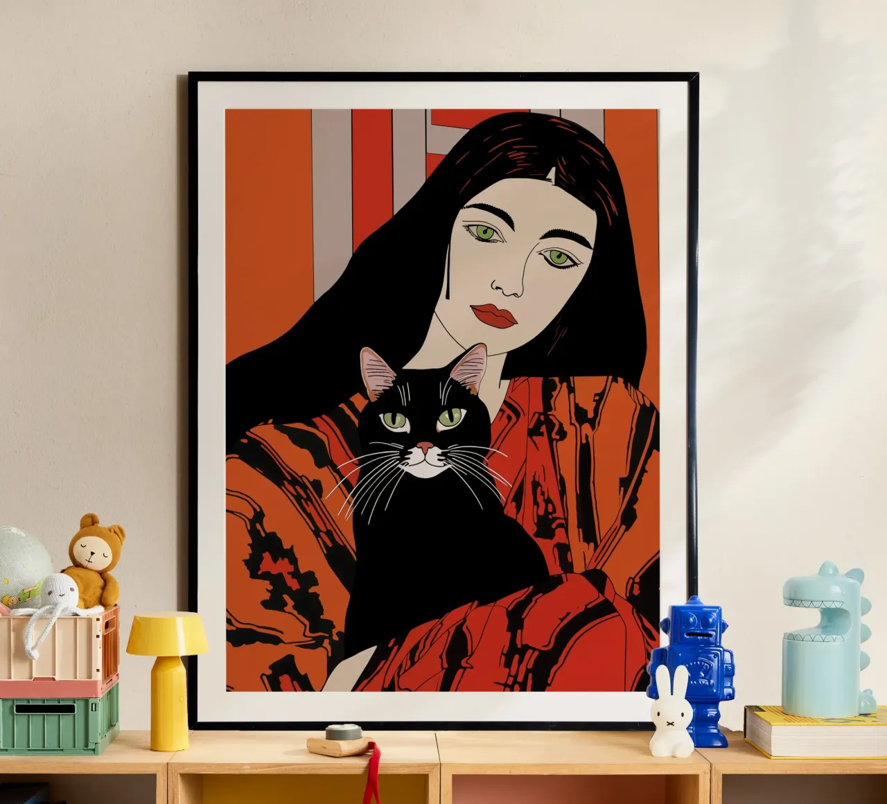 Katten hebben groene ogen | Vrouw met zwarte kat poster van Autofocus
