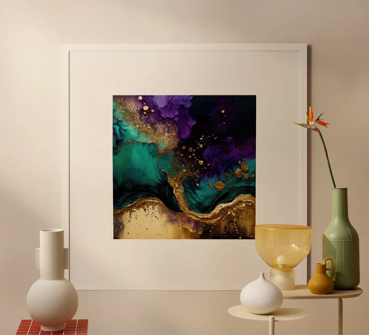 Tinta dorada abstracta Wild Gold Teal Malachite And Purple Vibes poster con marco de plástico de Modern Muse