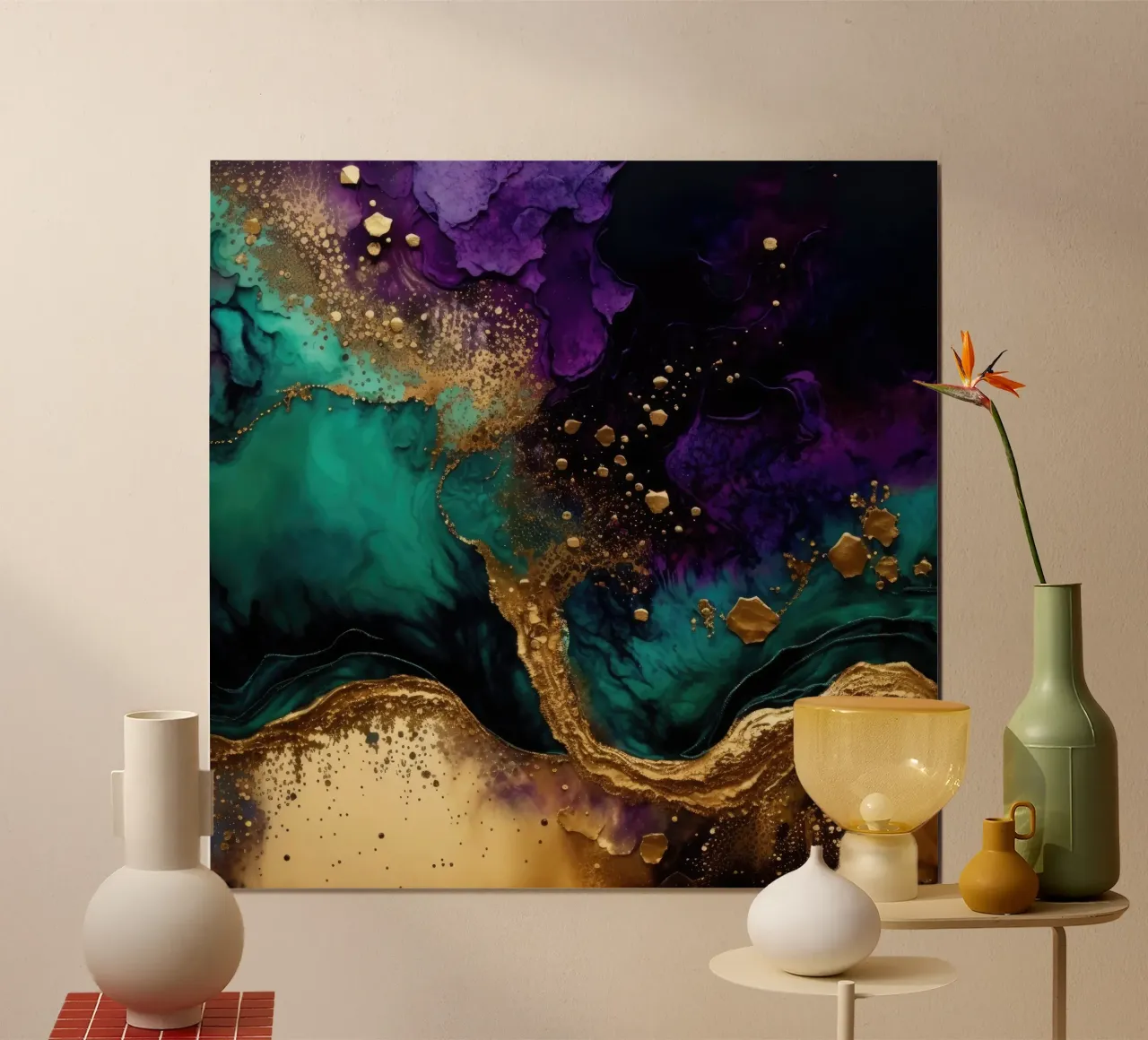 Tinta dorada abstracta Wild Gold Teal Malachite And Purple Vibes poster con marco de plástico de Modern Muse