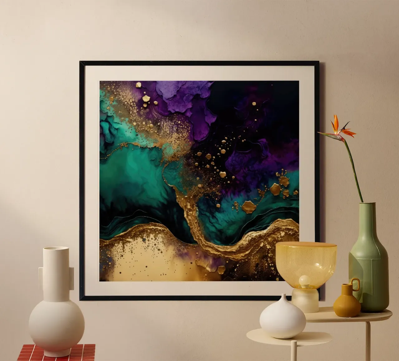 Tinta dorada abstracta Wild Gold Teal Malachite And Purple Vibes poster con marco de plástico de Modern Muse