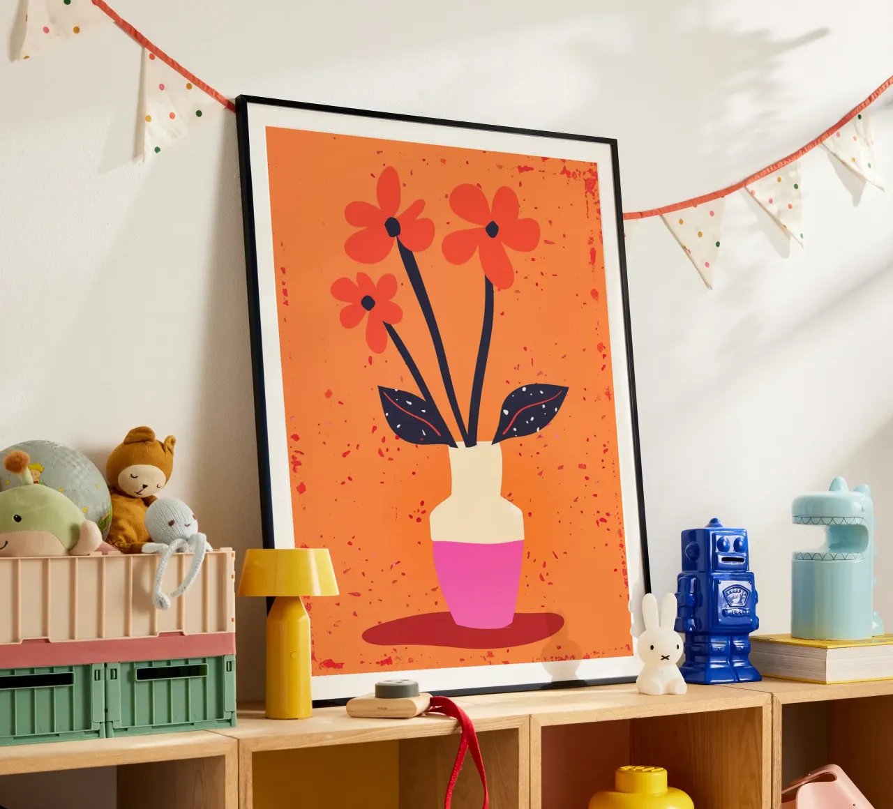 Natura morta rosa arancio con tre fiori poster con telaio in legno da Autofocus