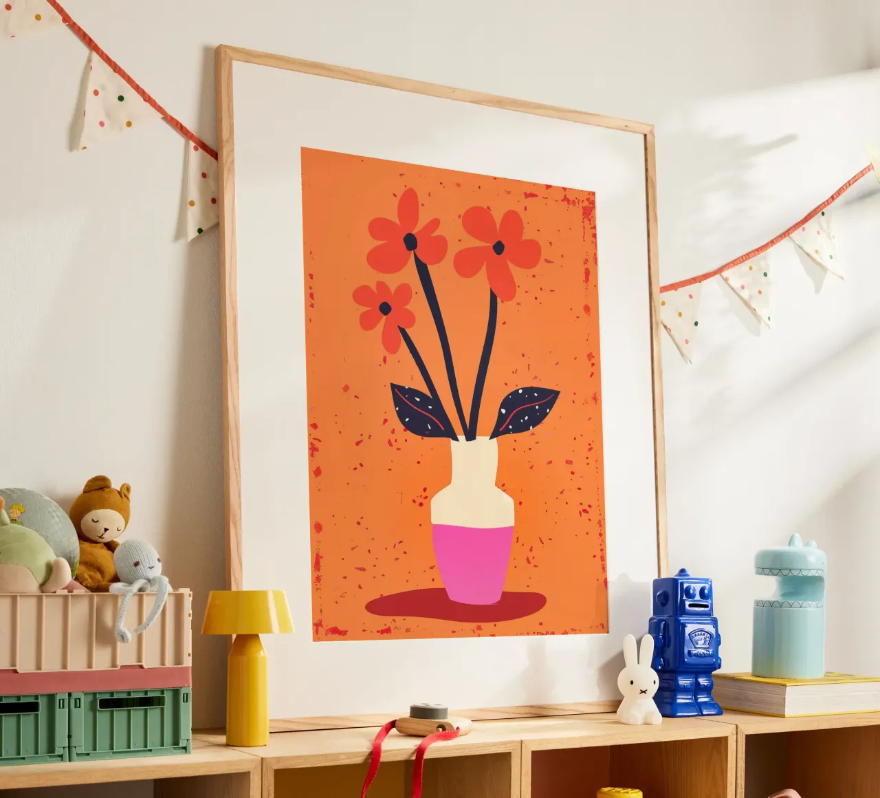 Natura morta rosa arancio con tre fiori poster con telaio in legno da Autofocus