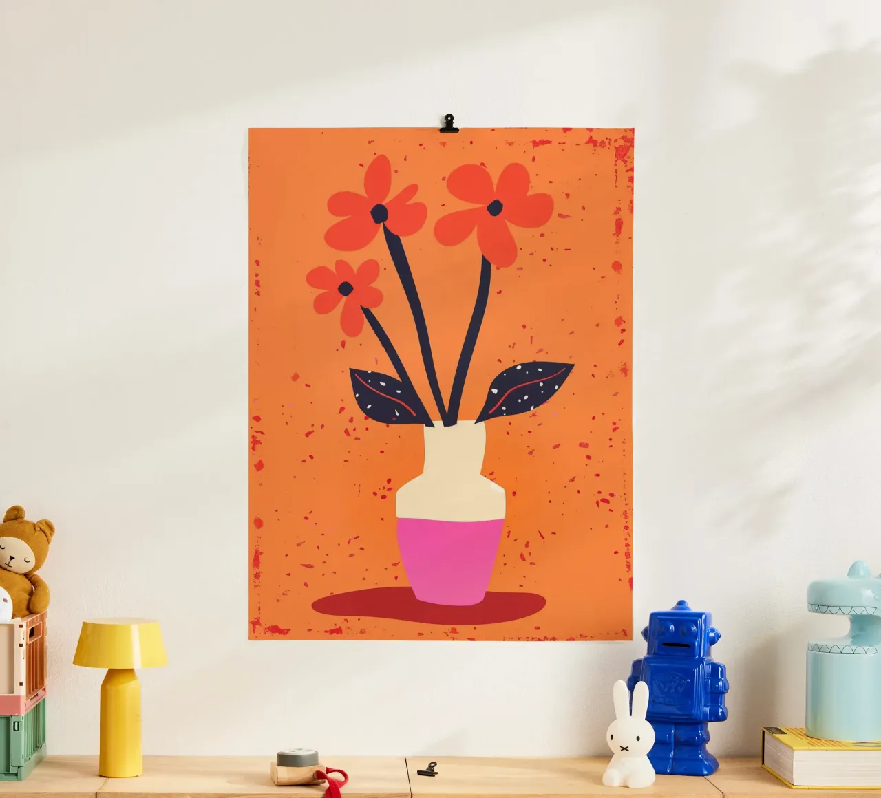 Natura morta rosa arancio con tre fiori poster con telaio in legno da Autofocus
