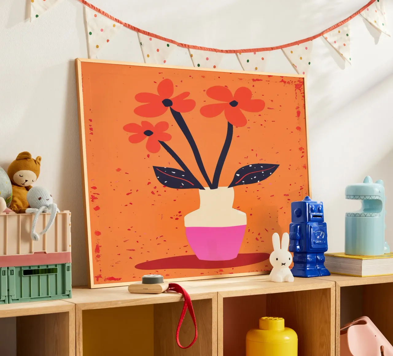 Natura morta rosa arancio con tre fiori poster con telaio in legno da Autofocus