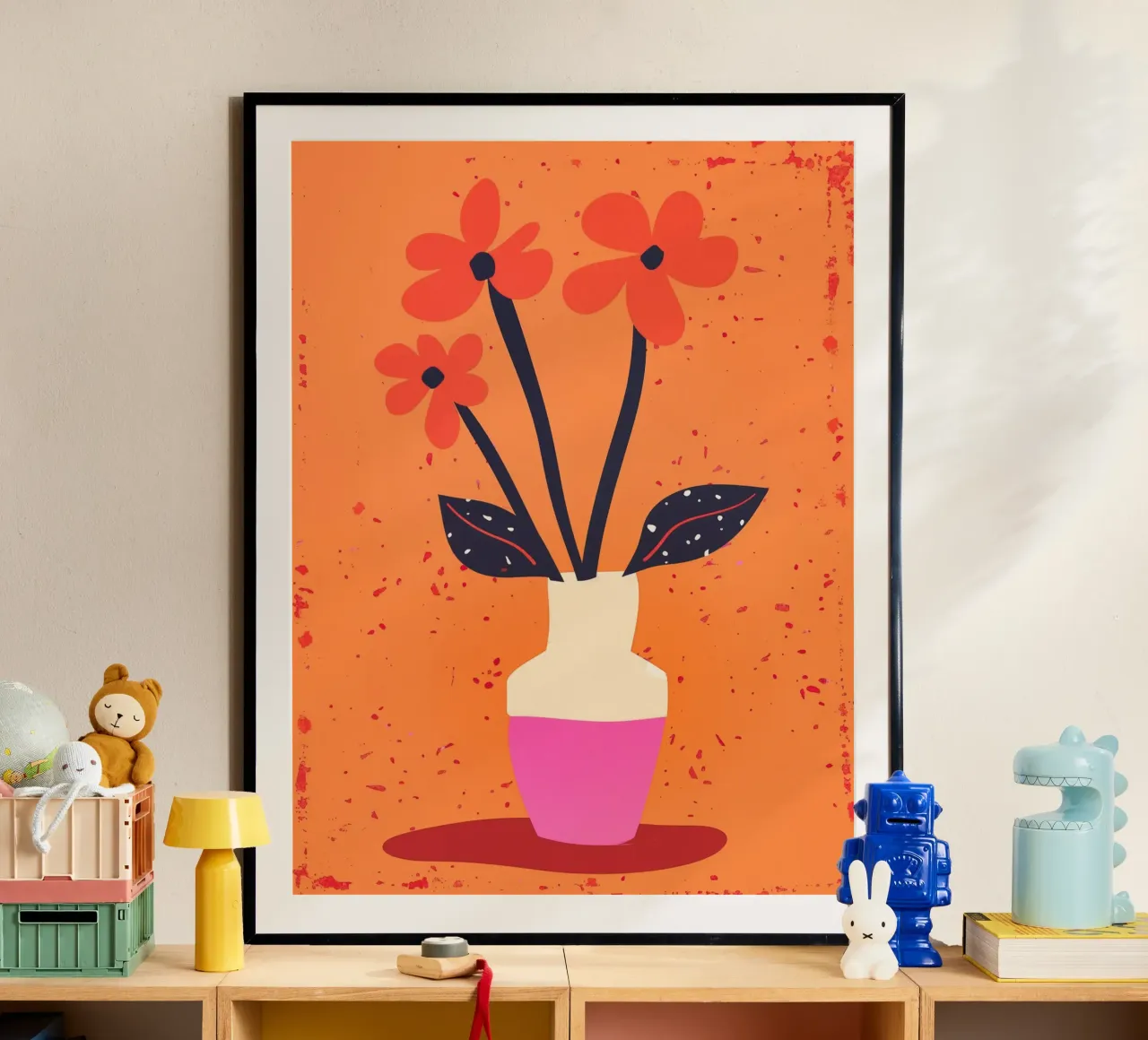 Natura morta rosa arancio con tre fiori poster con telaio in legno da Autofocus