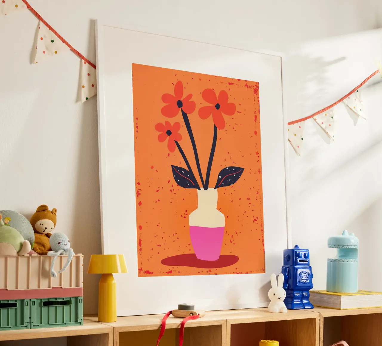 Natura morta rosa arancio con tre fiori poster con telaio in legno da Autofocus
