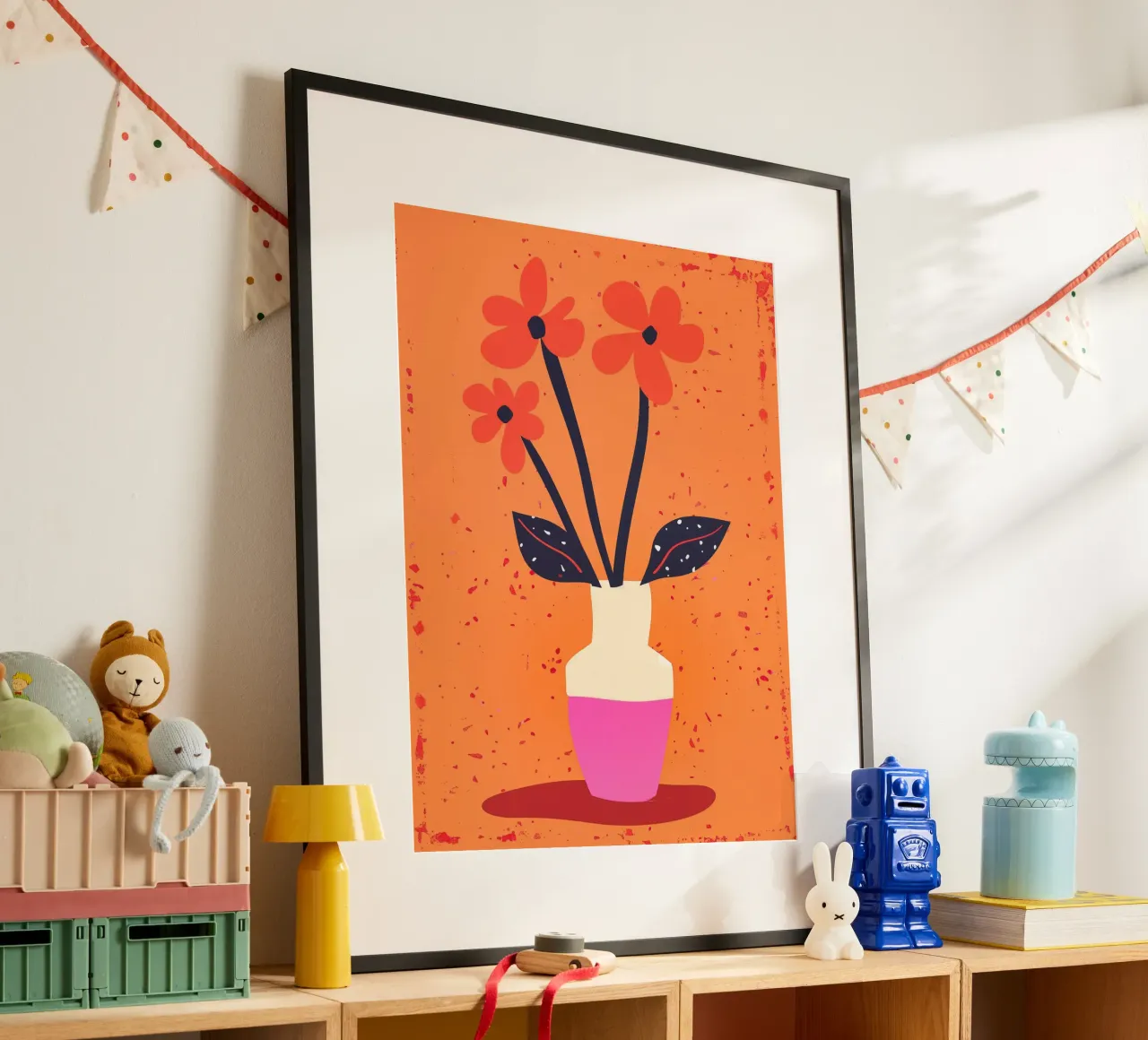 Natura morta rosa arancio con tre fiori poster con telaio in legno da Autofocus