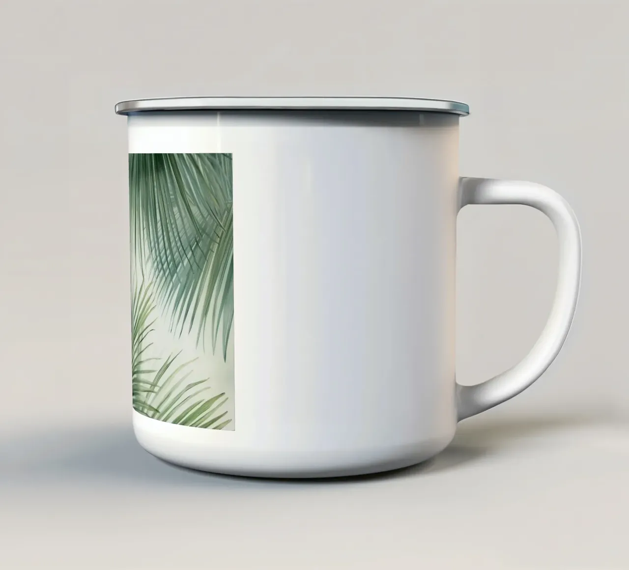 Eleganza tropicale: Sussurri di palma su crema tazza in smalto da Modern Muse