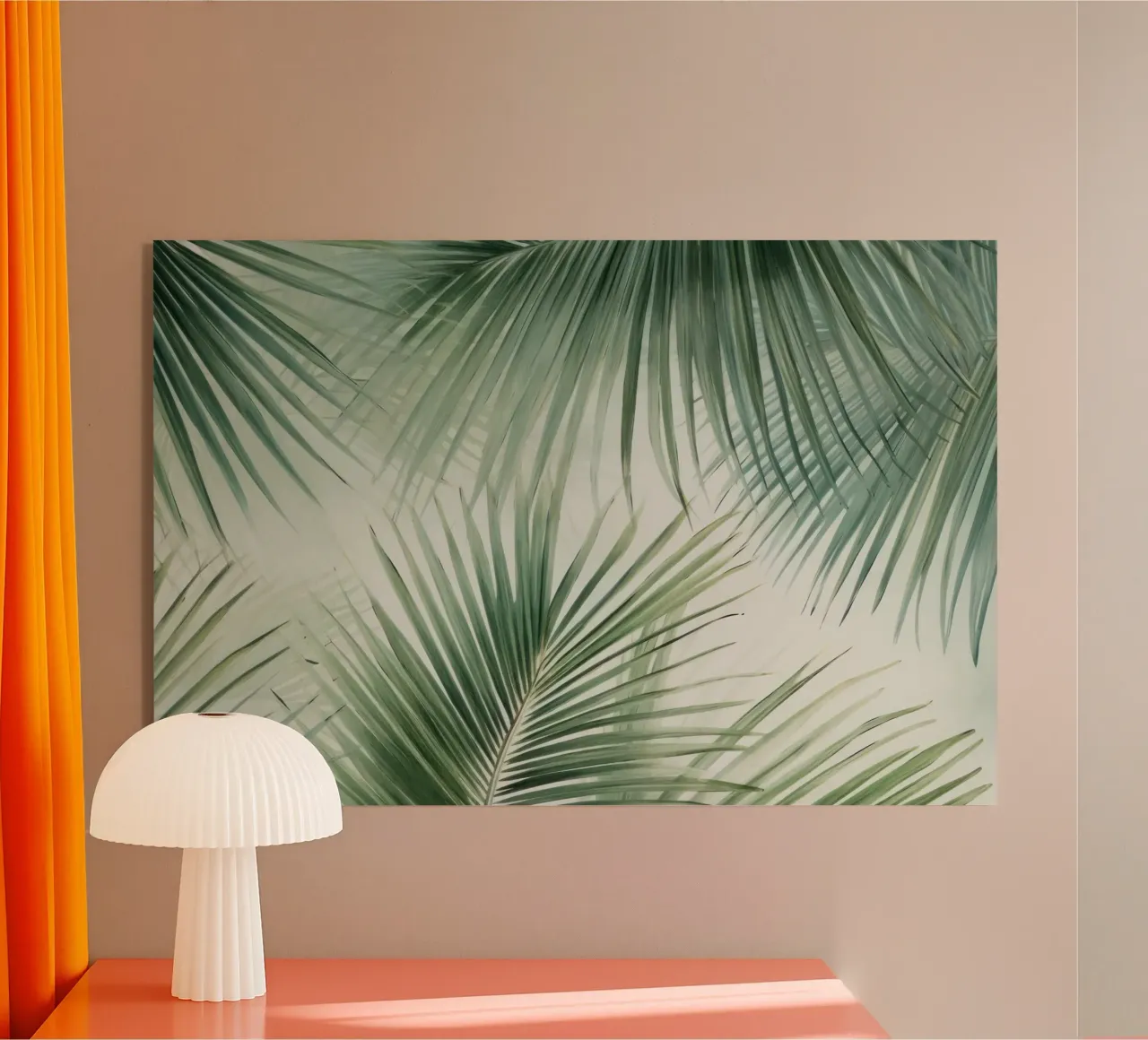 Eleganza tropicale: Sussurri di palma su crema plexiglass da Modern Muse