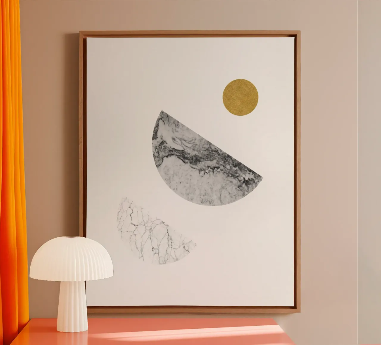 Goud en Marmer Abstracte Zon en Maan Kunst canvas met Baklijst van kookiepixel