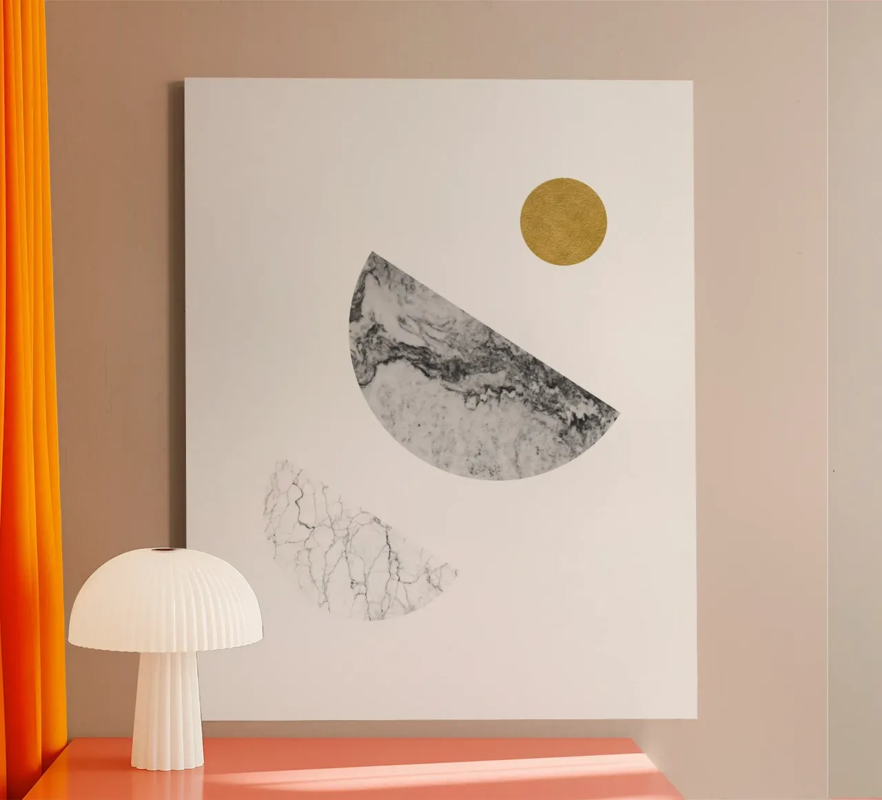 Goud en Marmer Abstracte Zon en Maan Kunst canvas met Baklijst van kookiepixel