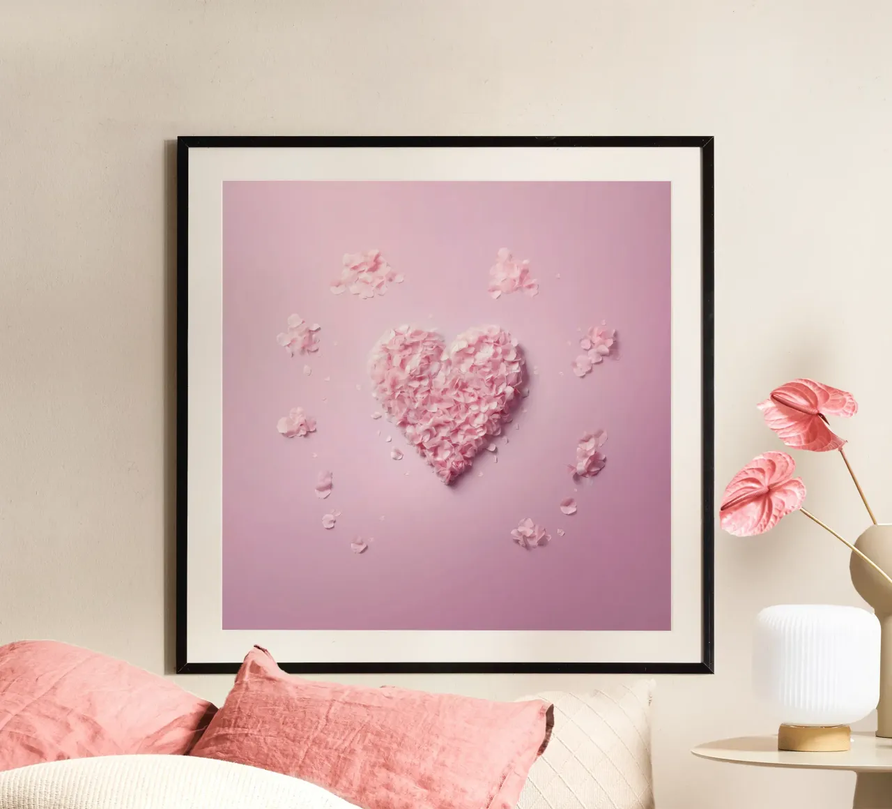 Große Liebe - Rosa Herz aus Blütenblättern Poster mit Aluminium Rahmen von Modern Muse