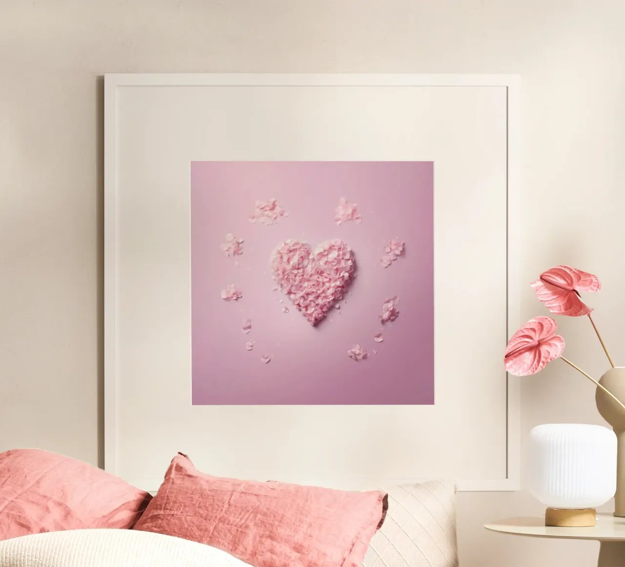 Große Liebe - Rosa Herz aus Blütenblättern Poster mit Aluminium Rahmen von Modern Muse