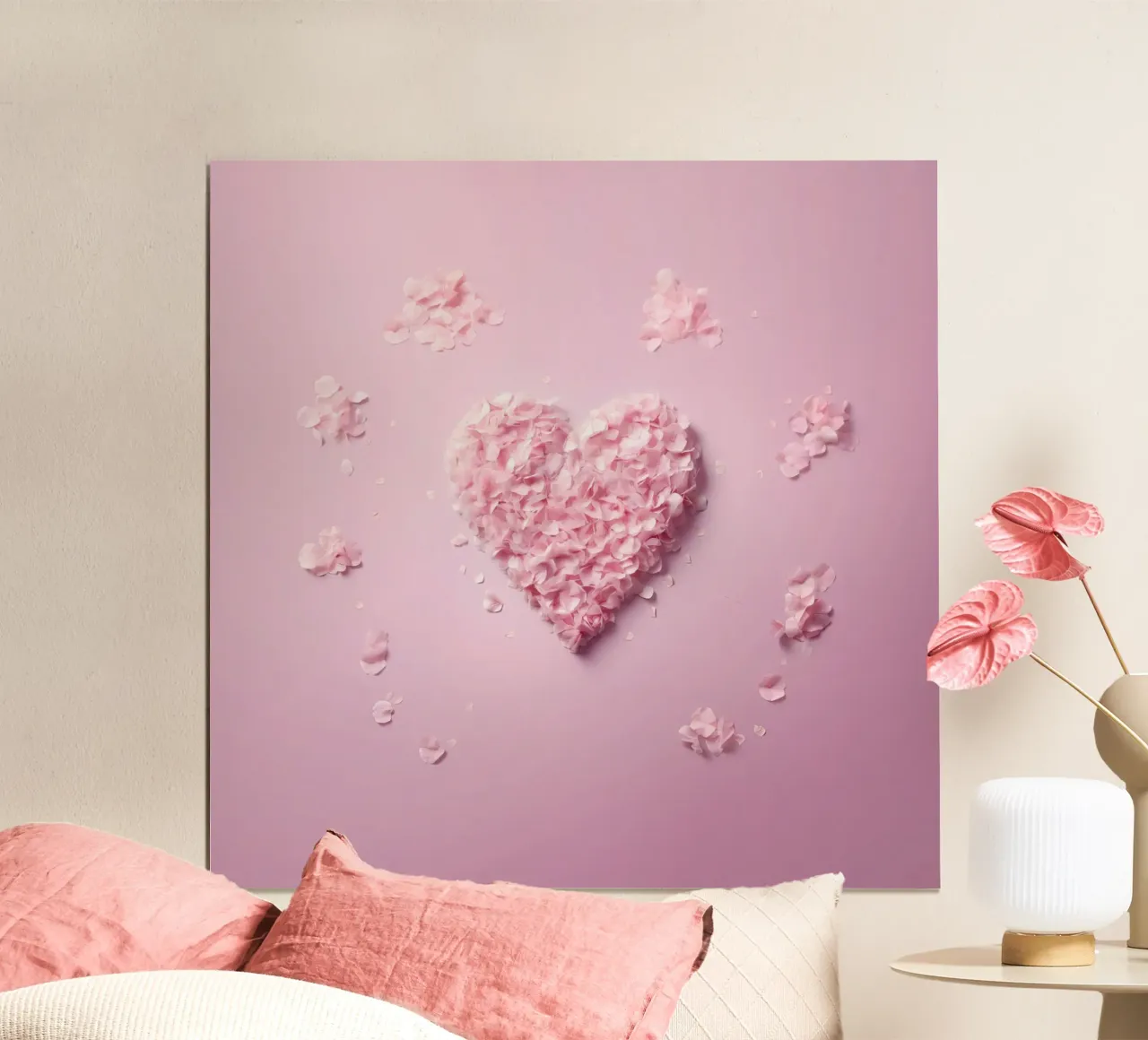 Große Liebe - Rosa Herz aus Blütenblättern Poster mit Aluminium Rahmen von Modern Muse