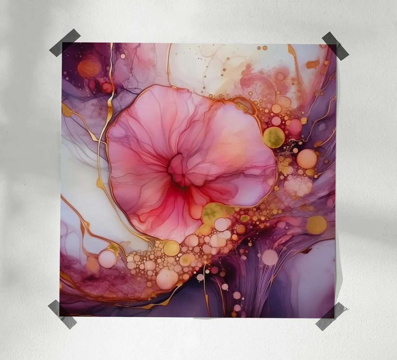 Wild Gold Purple and Pink Blue Vibes Abstract Gold Ink Paint (Vernice a inchiostro d'oro astratta) poster con telaio in plastica da Modern Muse