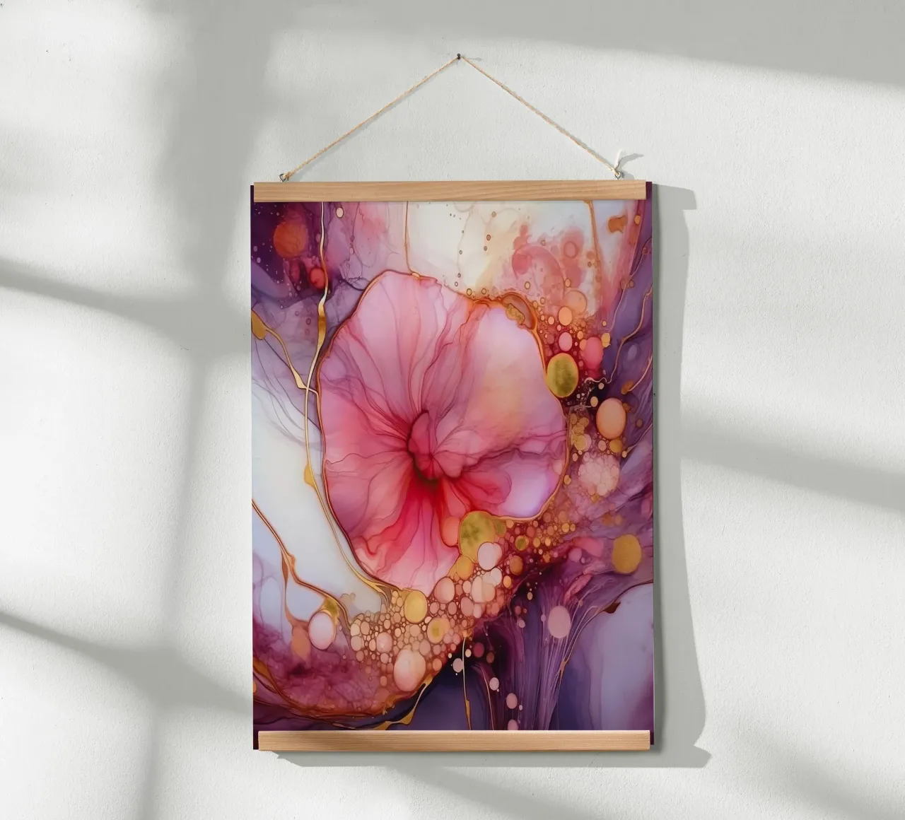 Wild Gold Purple and Pink Blue Vibes Abstract Gold Ink Paint (Vernice a inchiostro d'oro astratta) poster con telaio in plastica da Modern Muse