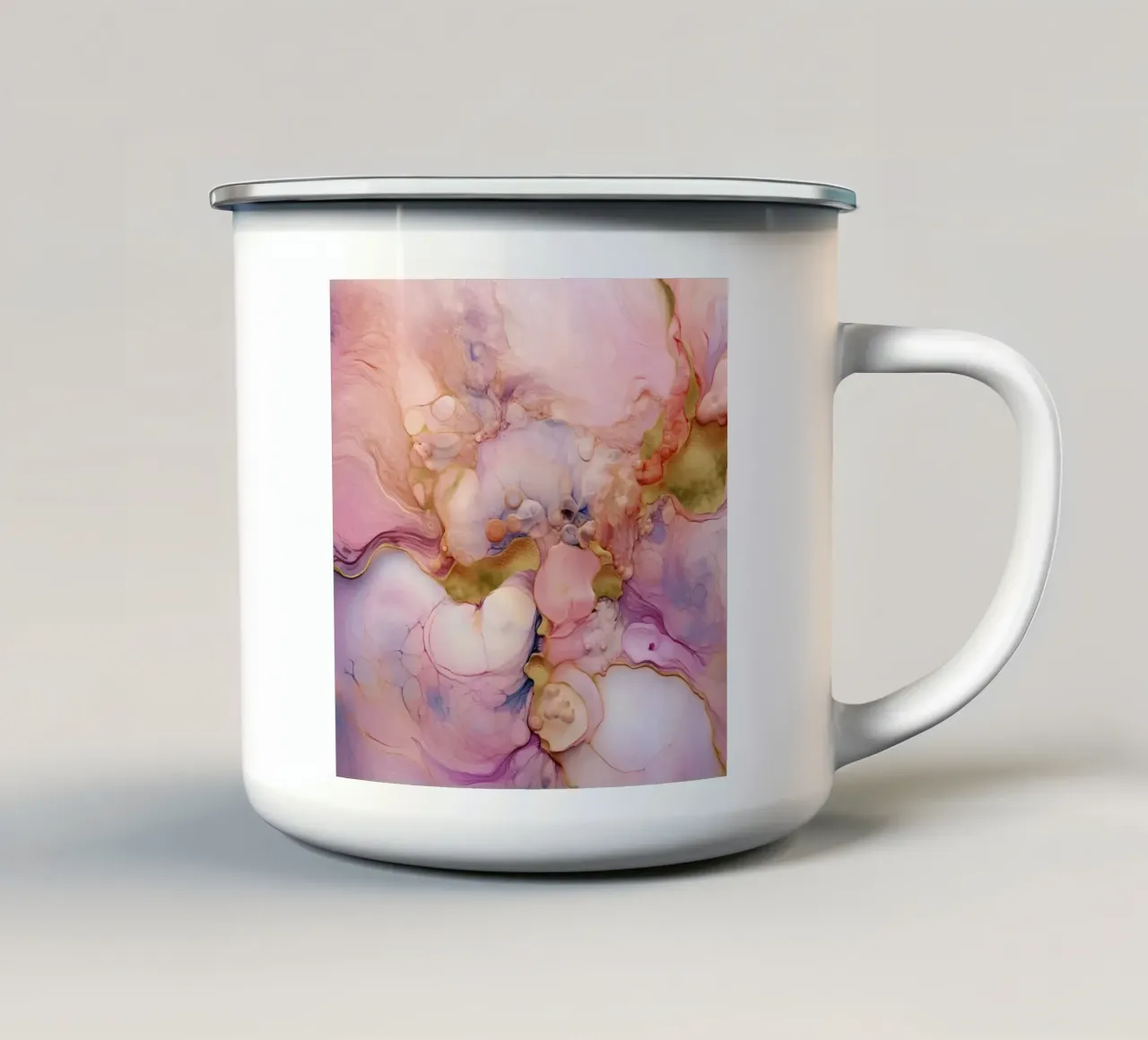 Weiche rosa und goldene flüssige Kunstblasen Emaille Tasse von Modern Muse