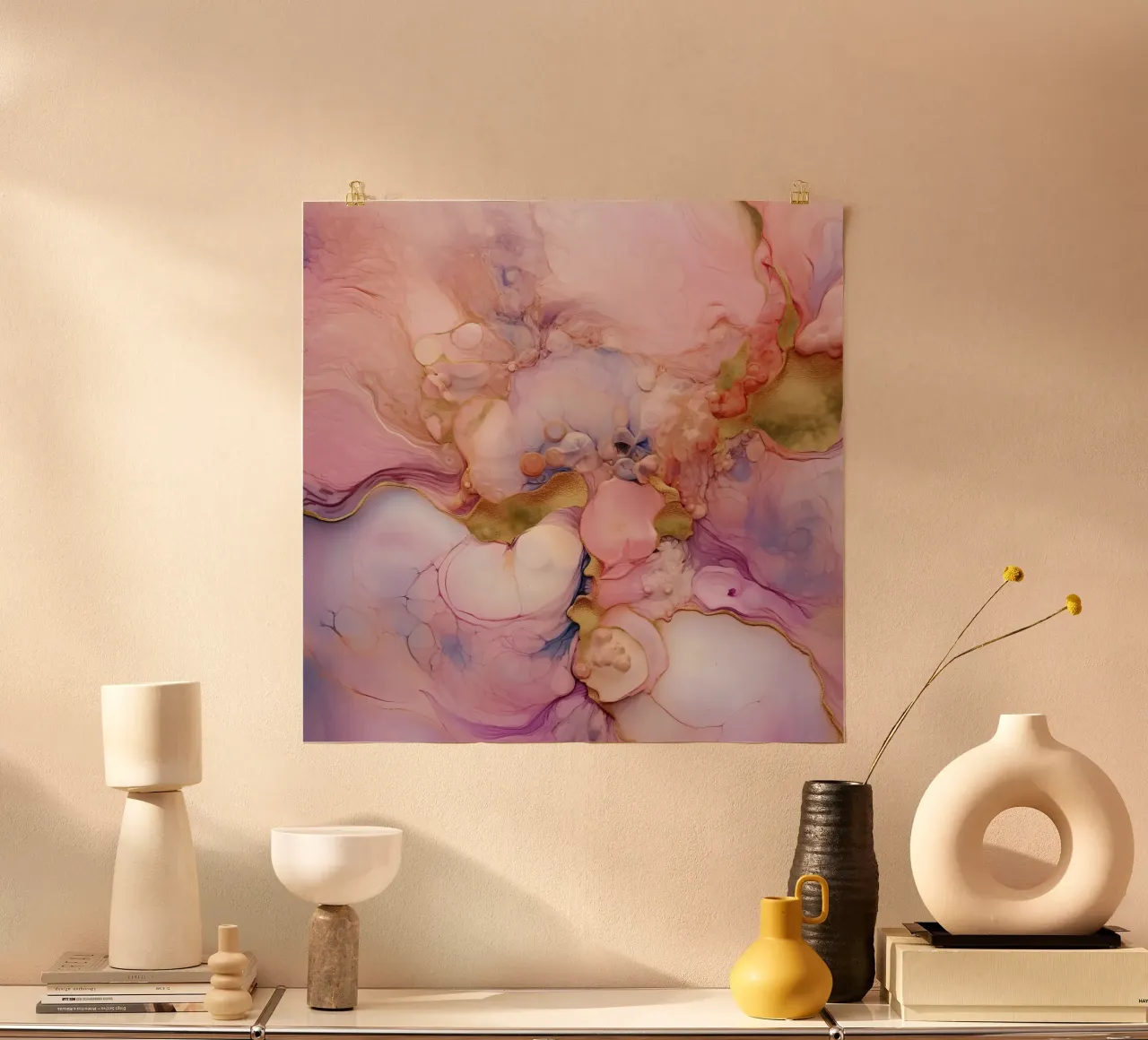 Weiche rosa und goldene flüssige Kunstblasen Poster mit Holzrahmen von Modern Muse