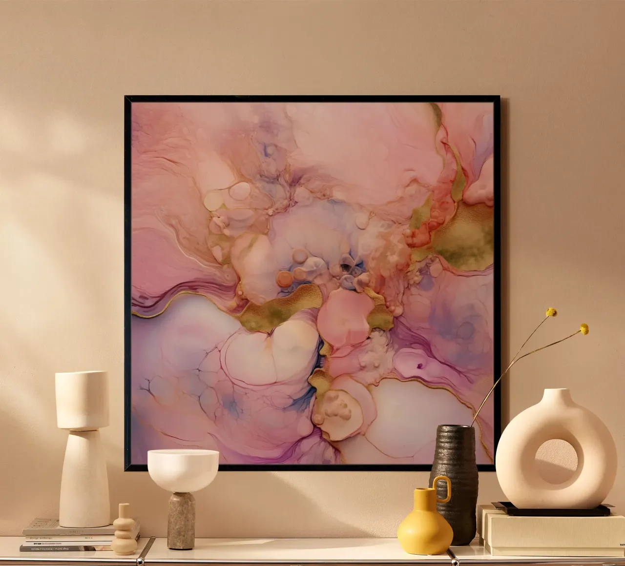 Weiche rosa und goldene flüssige Kunstblasen Poster mit Holzrahmen von Modern Muse