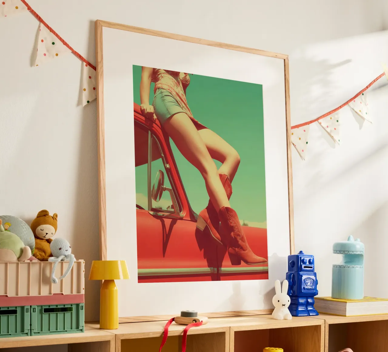 Gambe lunghe da donna, stivali western e un'auto retrò statunitense poster con telaio in alluminio da Autofocus