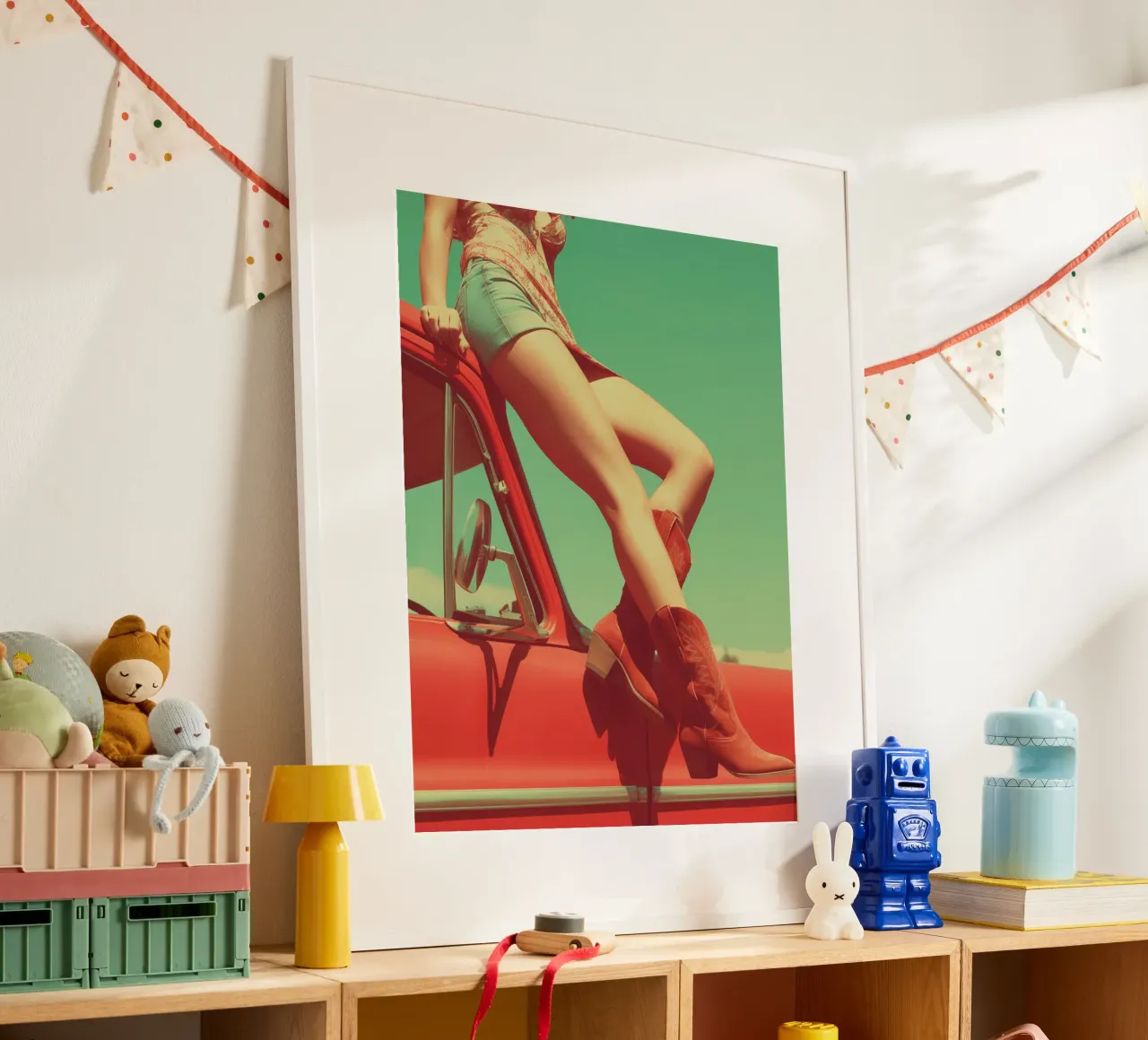 Gambe lunghe da donna, stivali western e un'auto retrò statunitense poster con telaio in alluminio da Autofocus