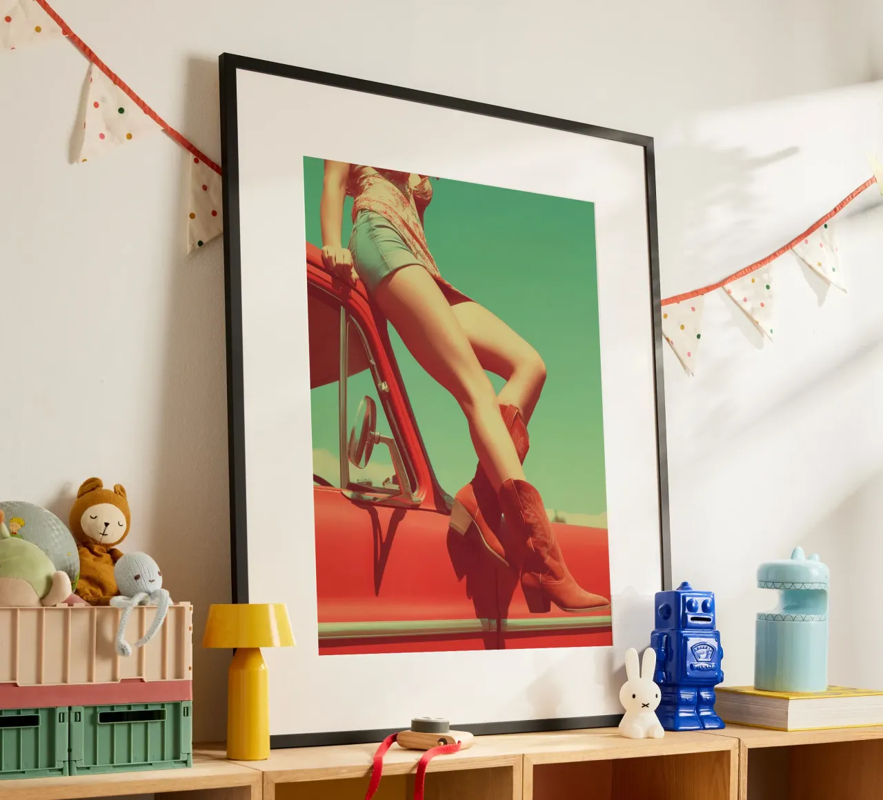 Gambe lunghe da donna, stivali western e un'auto retrò statunitense poster con telaio in alluminio da Autofocus