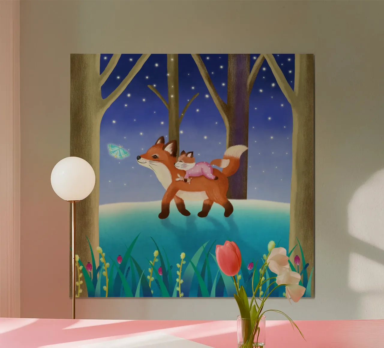 Mamá zorro con su bebé zorro en el bosque encantado. Para niños pequeños poster con marco de aluminio de CalliLetters
