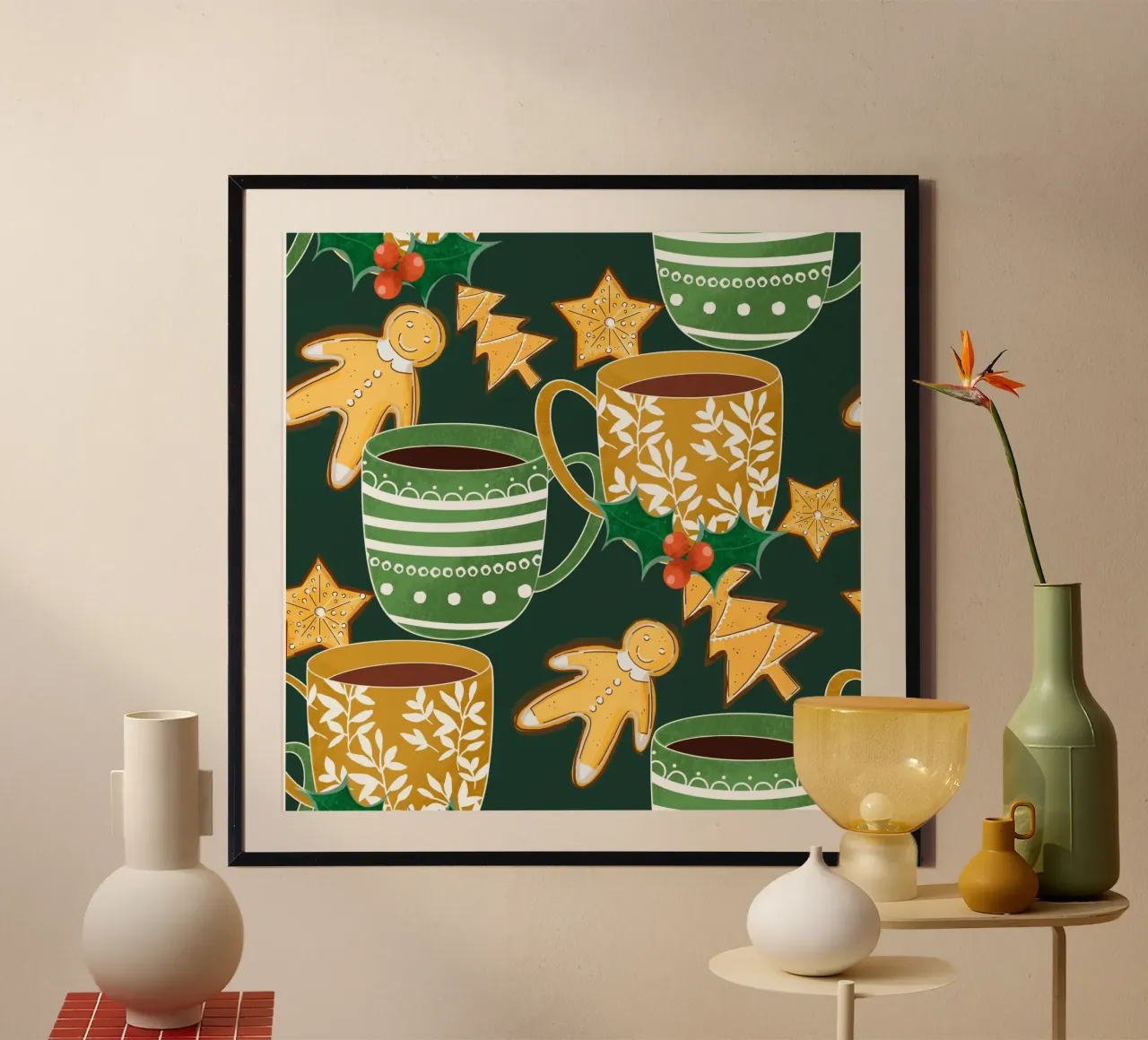 Cioccolata calda e biscotti di pan di zenzero Verde poster con telaio in legno da susanacosta