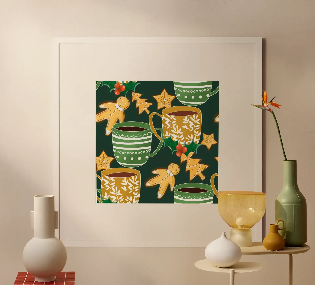 Cioccolata calda e biscotti di pan di zenzero Verde poster con telaio in legno da susanacosta