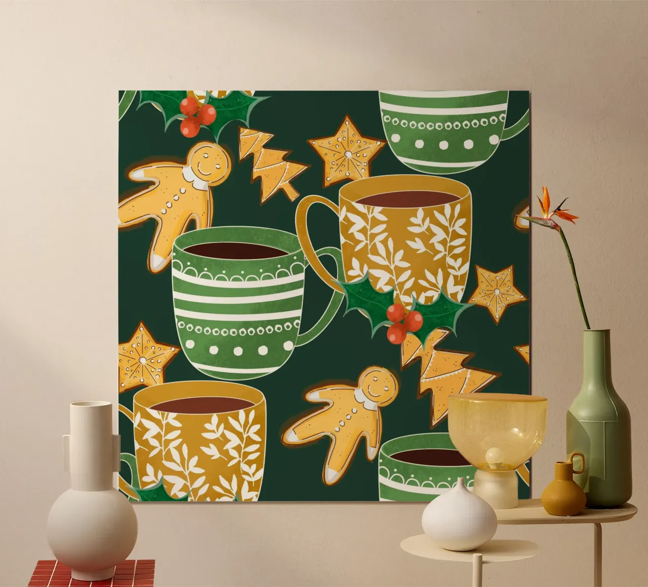 Cioccolata calda e biscotti di pan di zenzero Verde poster con telaio in legno da susanacosta