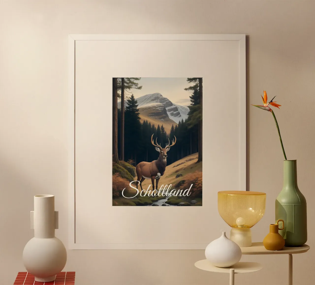 Scotland Stag poster with wooden frame by Charnwood Prints