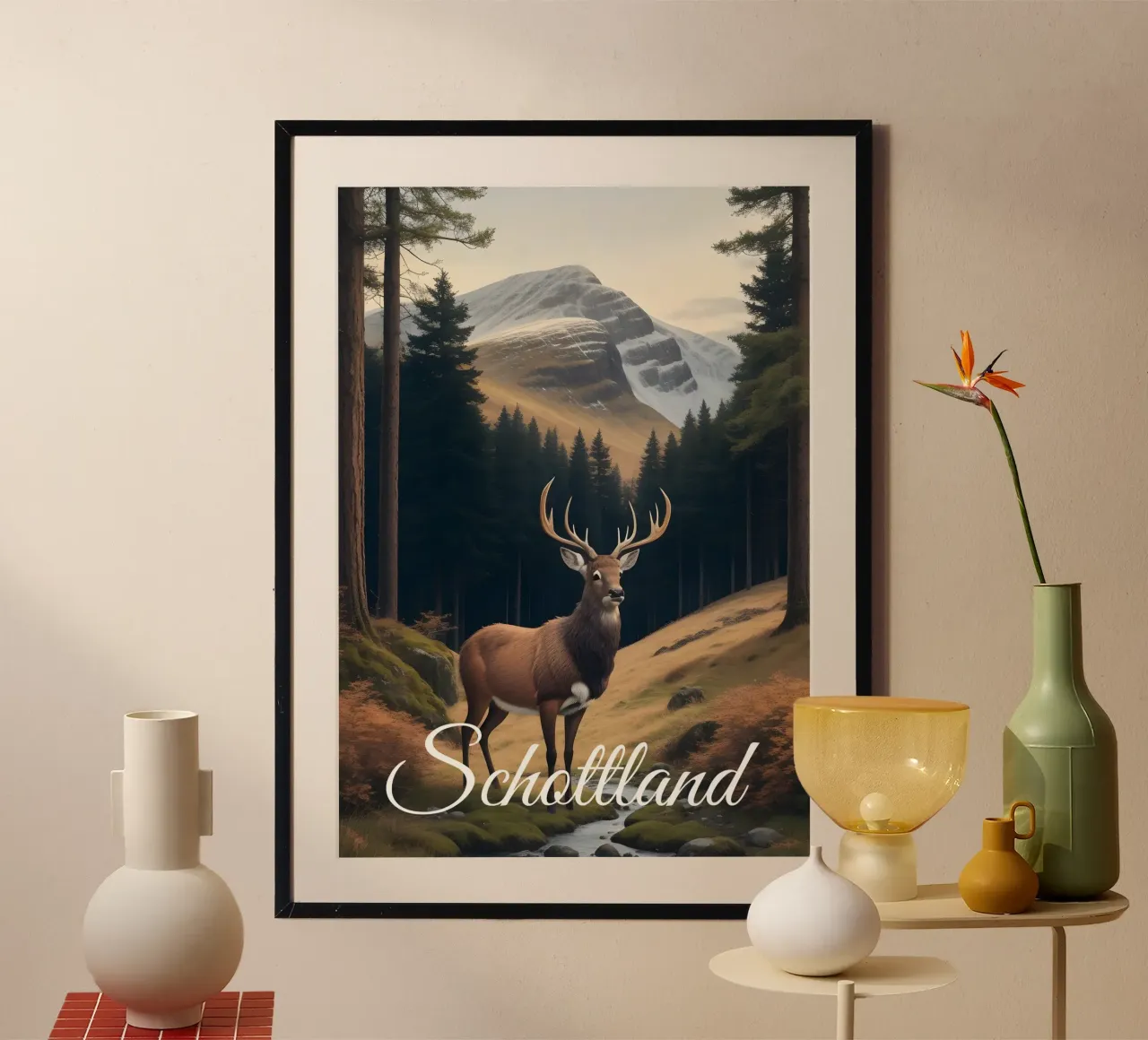 Scotland Stag poster with wooden frame by Charnwood Prints