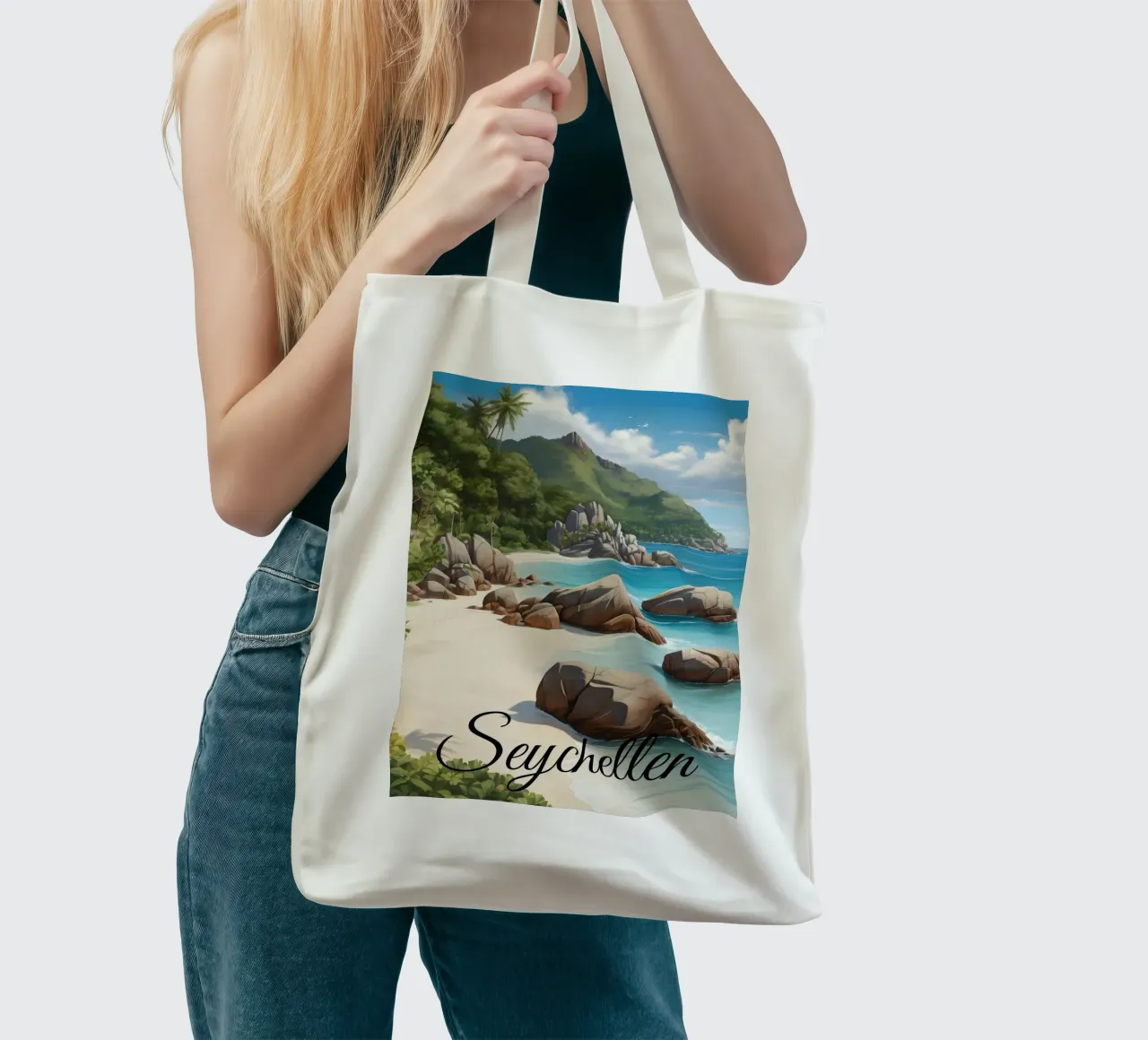 Spiaggia delle Seychelles borsa in juta da Charnwood Prints