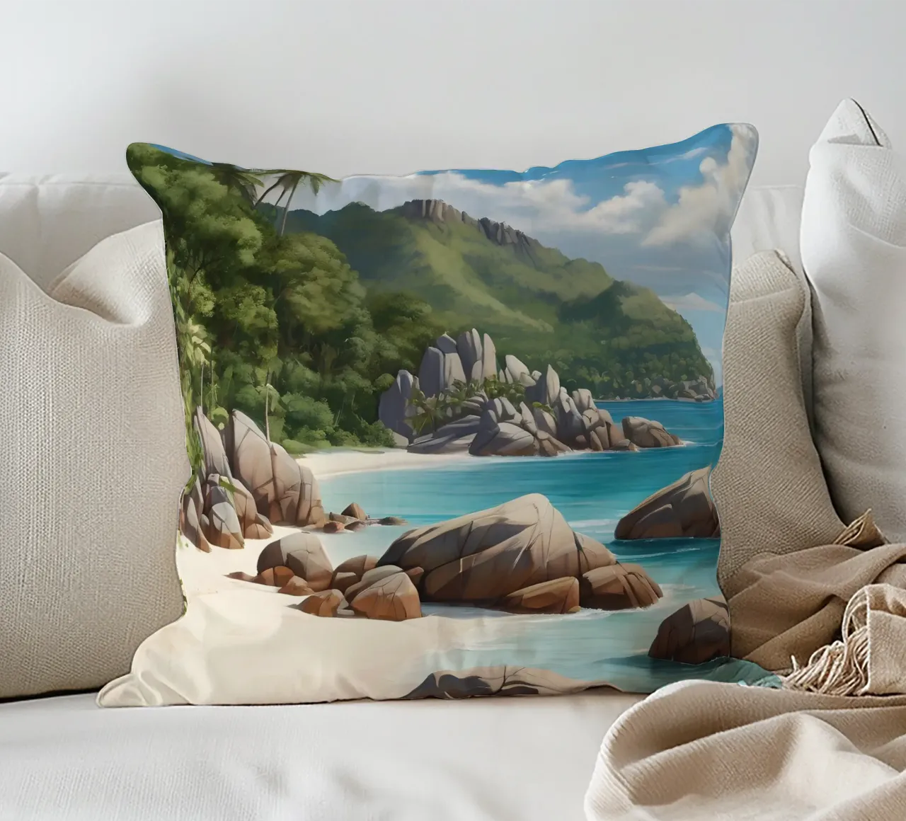 Spiaggia delle Seychelles cuscino da Charnwood Prints