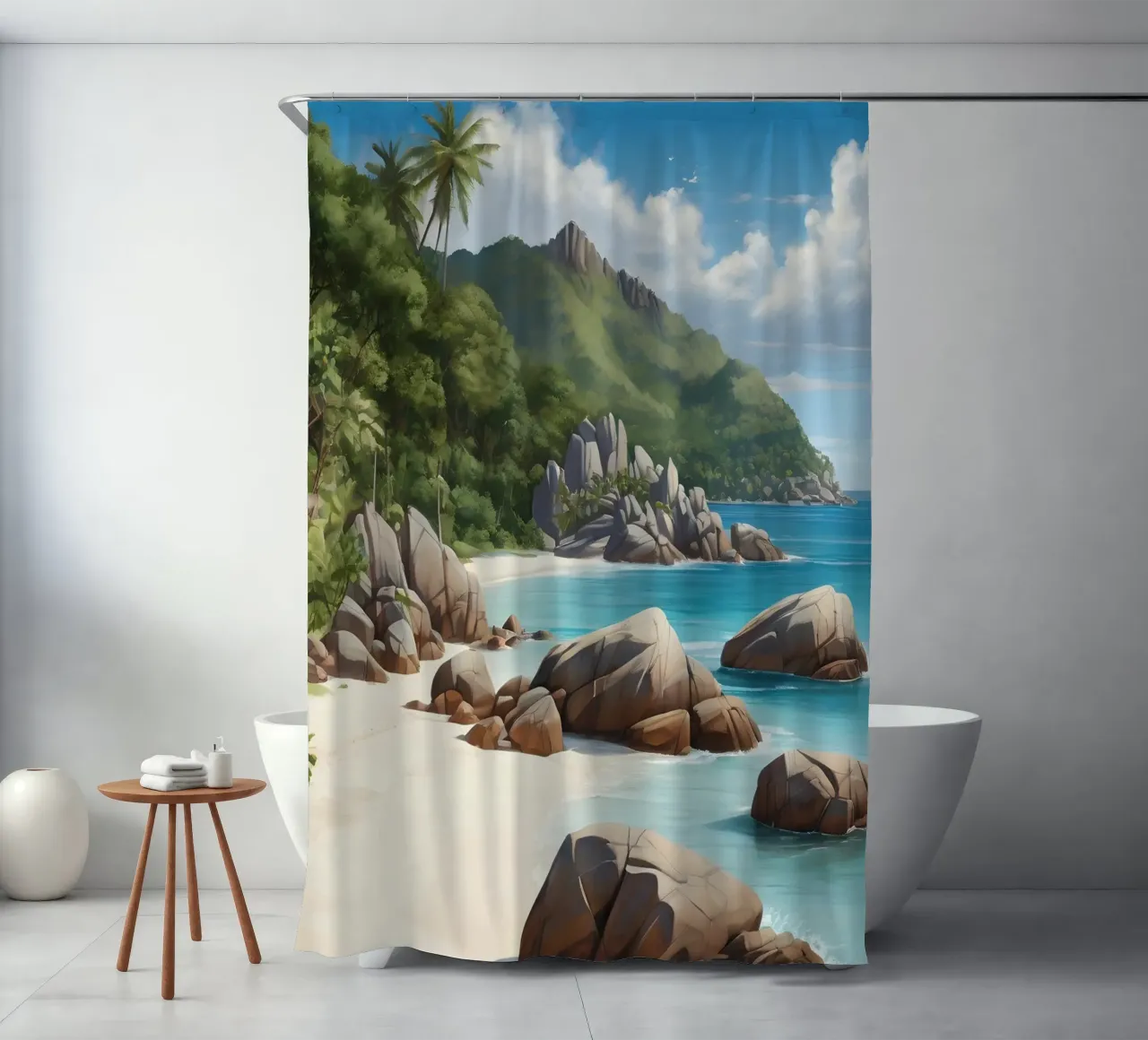 Spiaggia delle Seychelles tenda da doccia da Charnwood Prints