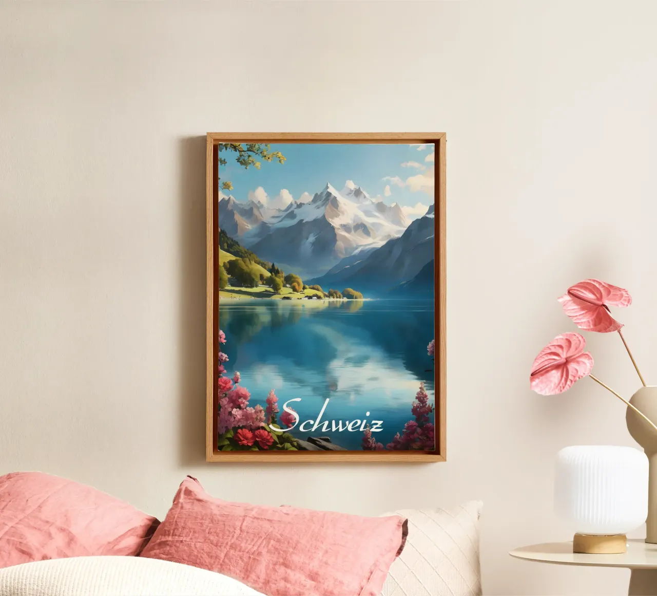 Schweiz Seen Leinwand mit Schattenfugenrahmen von Charnwood Prints