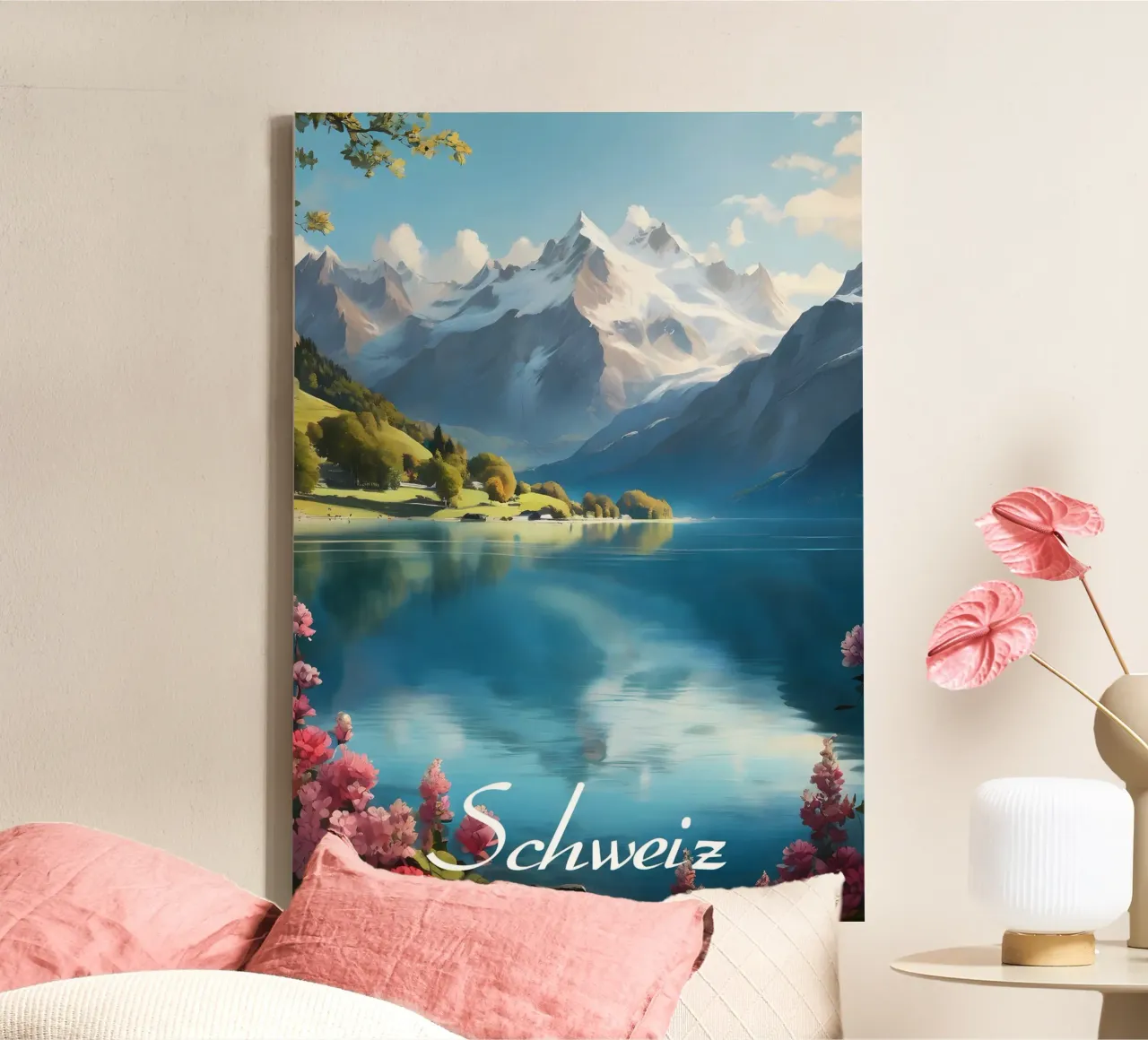 Schweiz Seen Leinwand mit Schattenfugenrahmen von Charnwood Prints