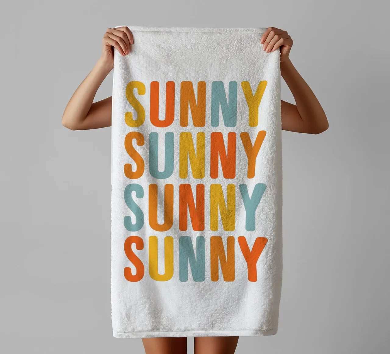Répétition typographique ensoleillée - Jaune Bleu Orange serviette de bain de Dominique Vari Words